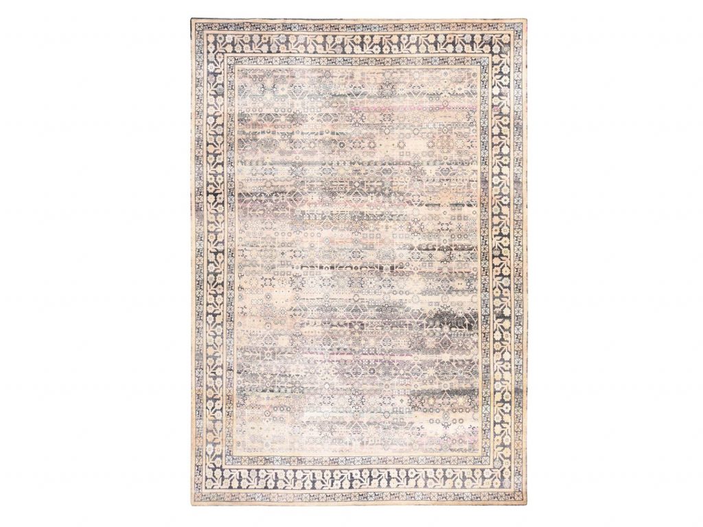 Charcoal Black and Pink, Pure Silk with Khotan All Over Design, Shaved Low and Distressed, Hand Knotted, Oriental Rug