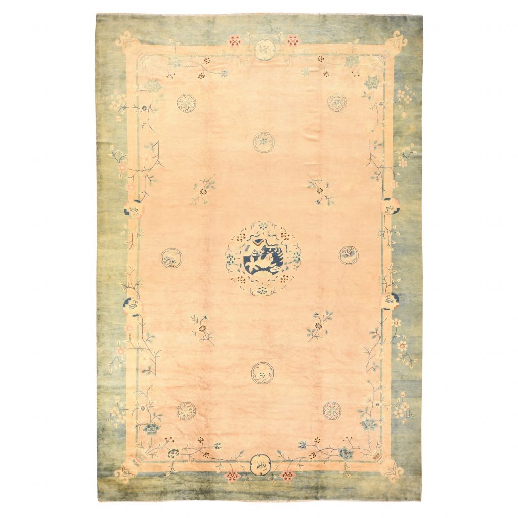 Peach Pink, Antique Chinese Peking, Even Wear, Clean, Pliable and Soft Pile, Some Discoloration and Faded Areas Throughout, 100% Wool, Hand Knotted, XL, Oriental Rug