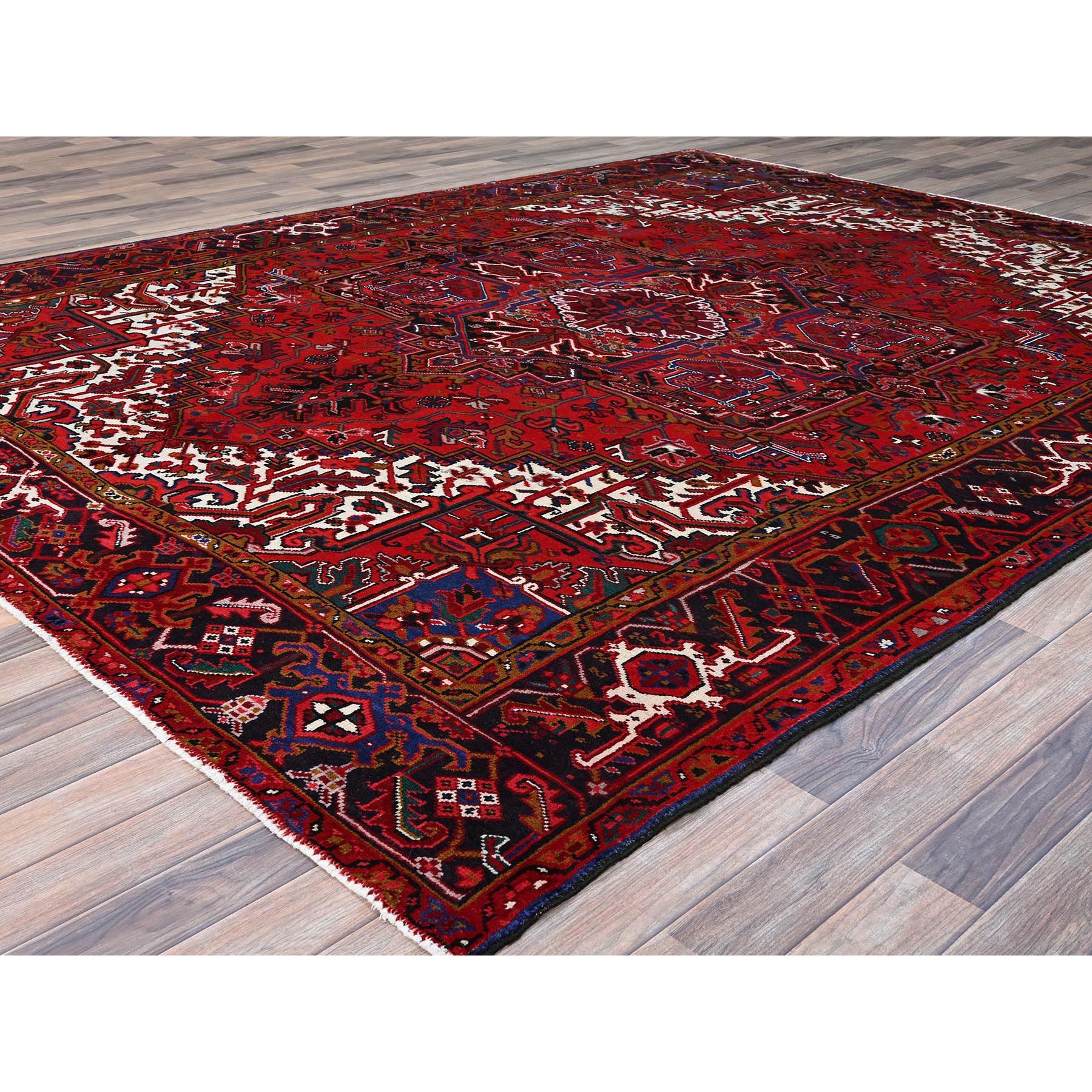 8'7"x10'10" Pomegranate Red, Hand Knotted Evenly Worn Pure Wool, Old Persian Heriz, Good condition, Sides and Ends Professionally Secured and Cleaned, Sheared Low, Oriental Rug Sh100