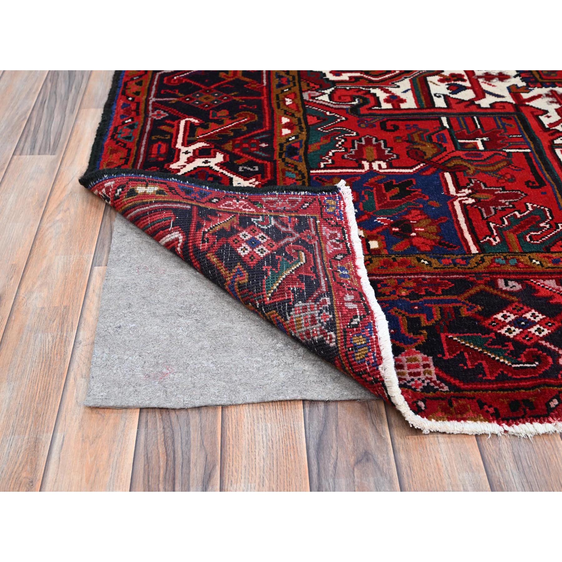 8'7"x10'10" Pomegranate Red, Hand Knotted Evenly Worn Pure Wool, Old Persian Heriz, Good condition, Sides and Ends Professionally Secured and Cleaned, Sheared Low, Oriental Rug Sh100