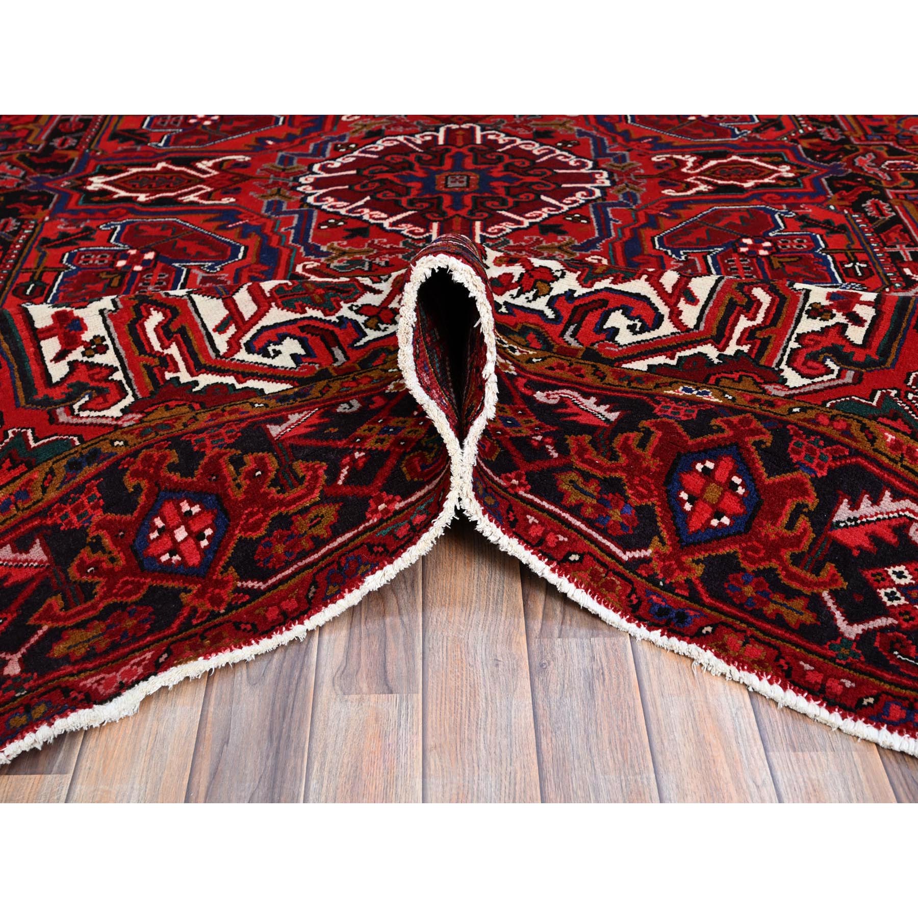 8'7"x10'10" Pomegranate Red, Hand Knotted Evenly Worn Pure Wool, Old Persian Heriz, Good condition, Sides and Ends Professionally Secured and Cleaned, Sheared Low, Oriental Rug Sh100