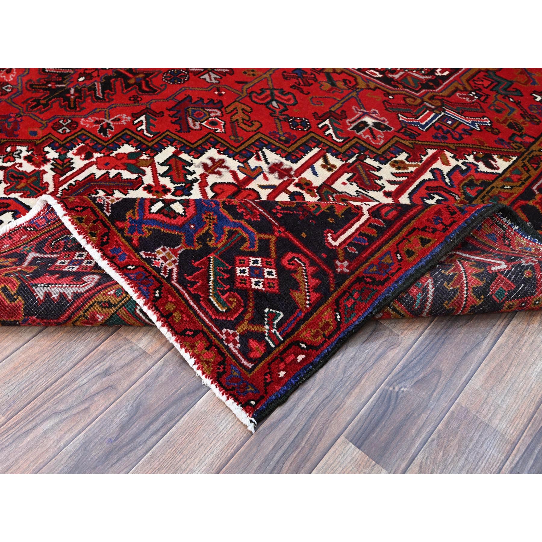8'7"x10'10" Pomegranate Red, Hand Knotted Evenly Worn Pure Wool, Old Persian Heriz, Good condition, Sides and Ends Professionally Secured and Cleaned, Sheared Low, Oriental Rug Sh100