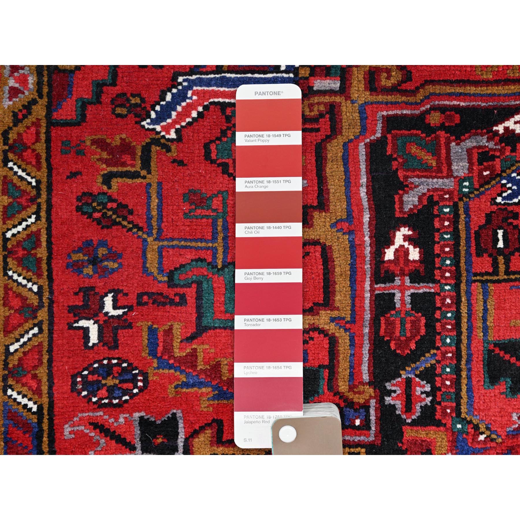 8'7"x10'10" Pomegranate Red, Hand Knotted Evenly Worn Pure Wool, Old Persian Heriz, Good condition, Sides and Ends Professionally Secured and Cleaned, Sheared Low, Oriental Rug Sh100
