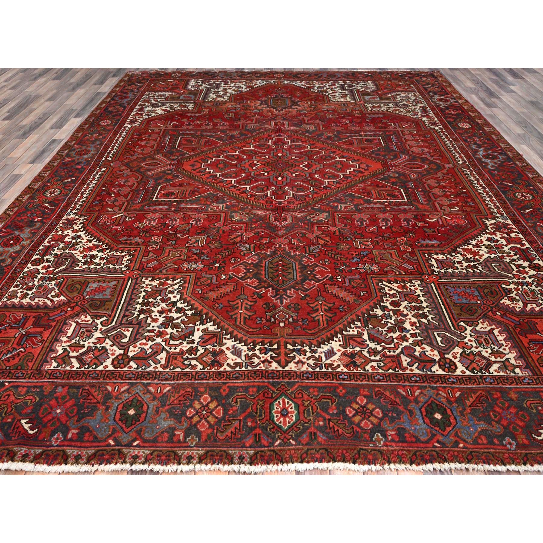 10'x12'5" Vivid Burgundy Red, Evenly Worn, 100% Wool, Hand Knotted, Clean Sides and Ends Secured, Semi Antique Persian Heriz, Good Condition, Oriental Rug Sh101