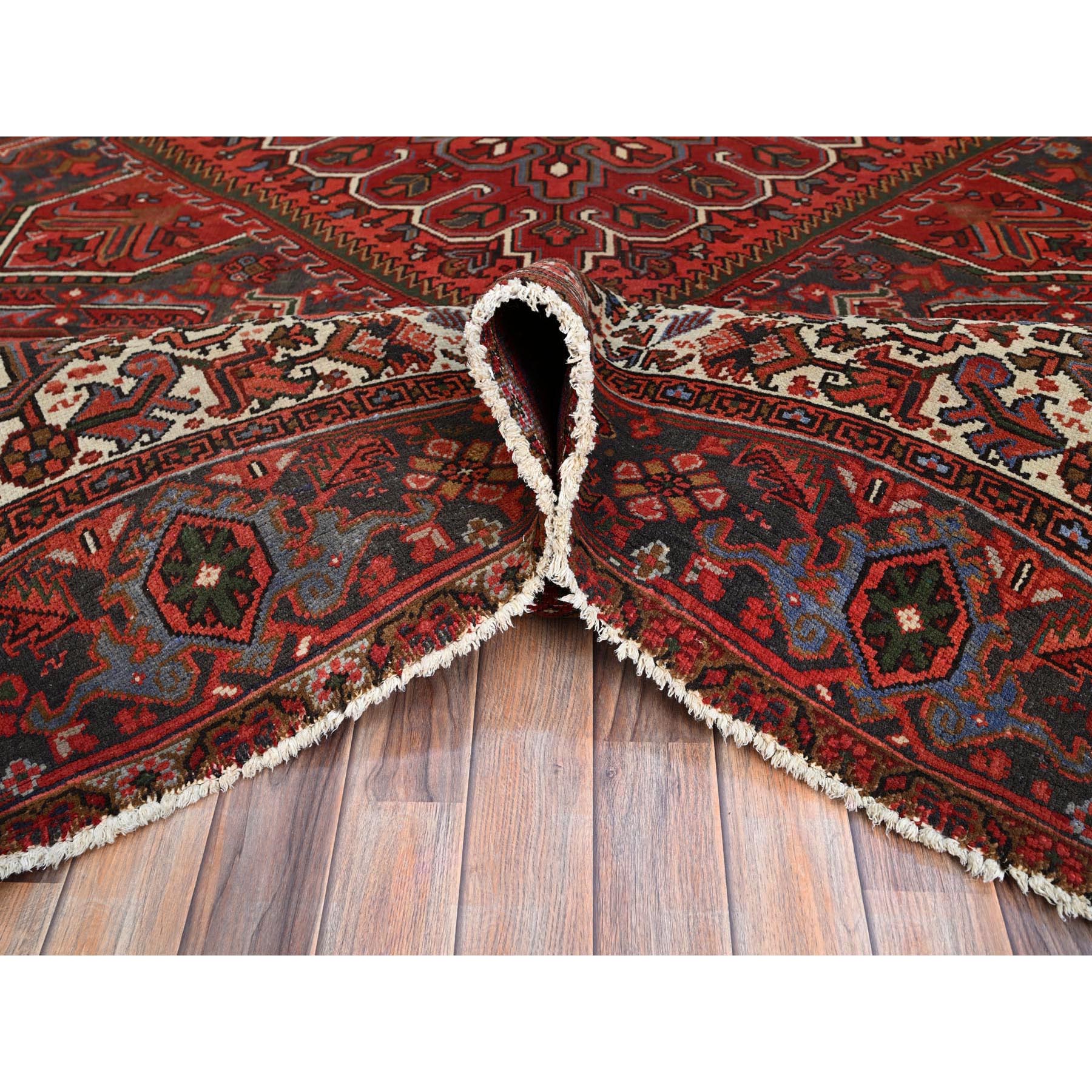 10'x12'5" Vivid Burgundy Red, Evenly Worn, 100% Wool, Hand Knotted, Clean Sides and Ends Secured, Semi Antique Persian Heriz, Good Condition, Oriental Rug Sh101