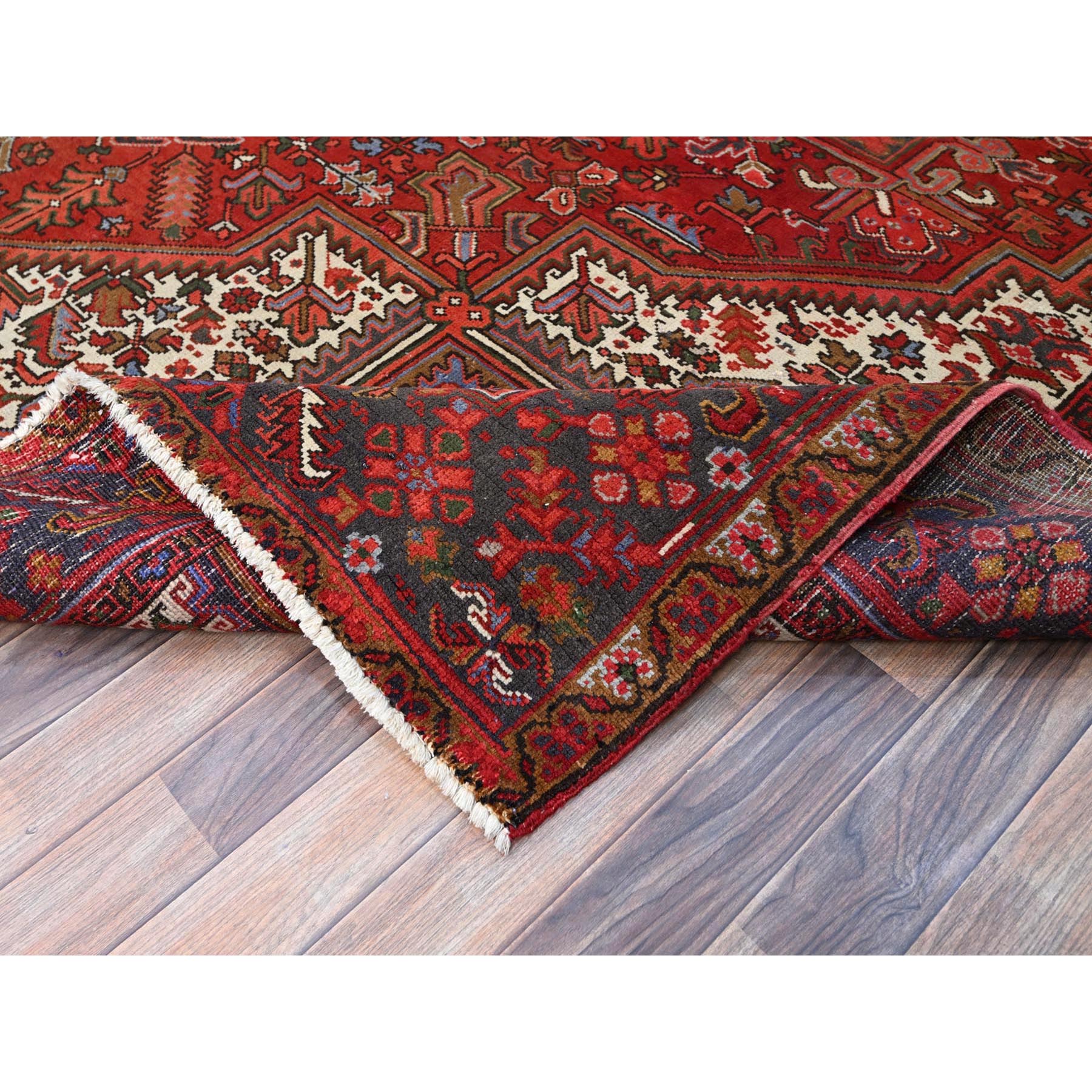 10'x12'5" Vivid Burgundy Red, Evenly Worn, 100% Wool, Hand Knotted, Clean Sides and Ends Secured, Semi Antique Persian Heriz, Good Condition, Oriental Rug Sh101