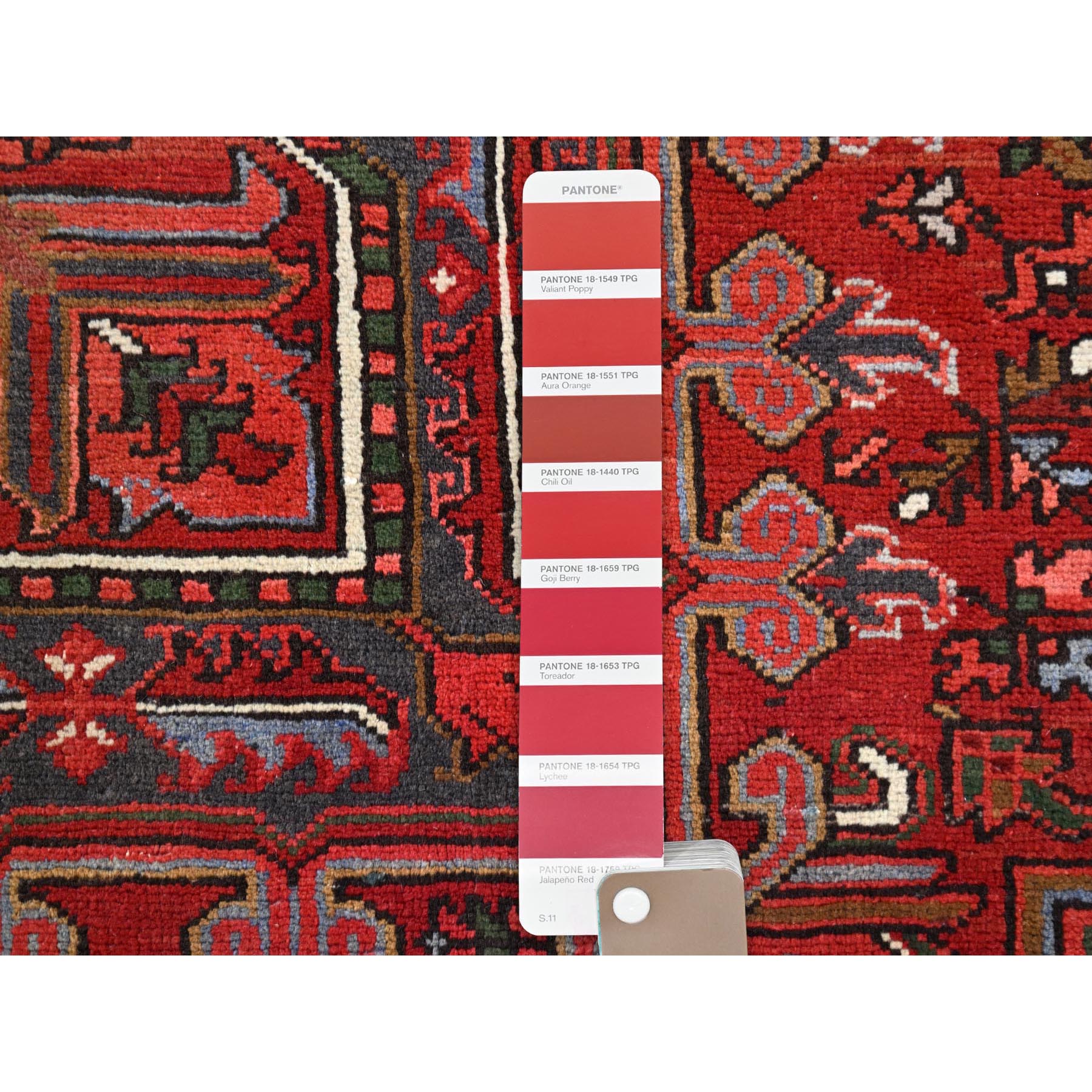 10'x12'5" Vivid Burgundy Red, Evenly Worn, 100% Wool, Hand Knotted, Clean Sides and Ends Secured, Semi Antique Persian Heriz, Good Condition, Oriental Rug Sh101