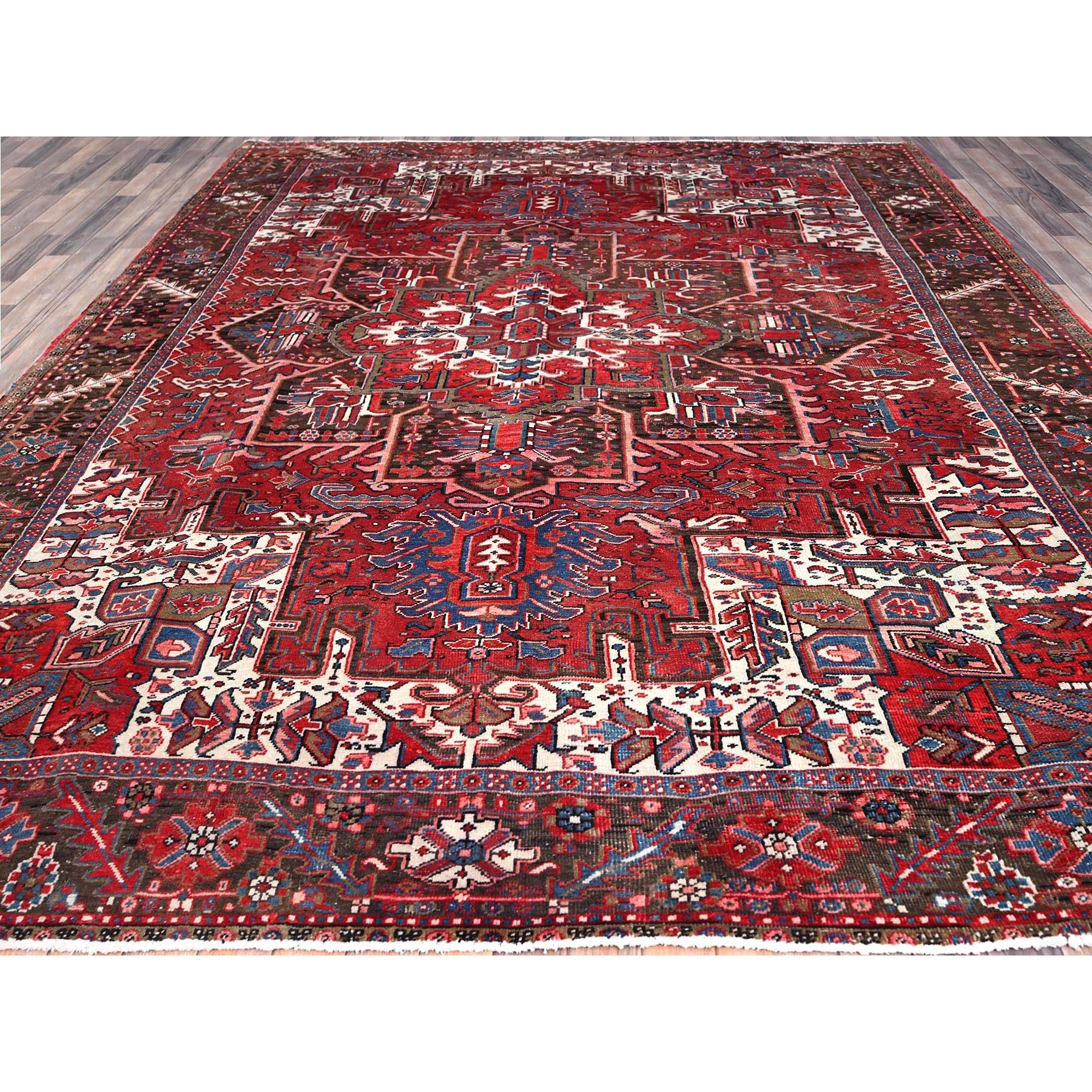 9'3"x11'8" Currant Red, Semi Antique Persian Heriz Tribal Design, Lustrous Wool, Distressed, Hand Knotted Abrash, Sheared Low, Evenly Worn Oriental Rug Sh104