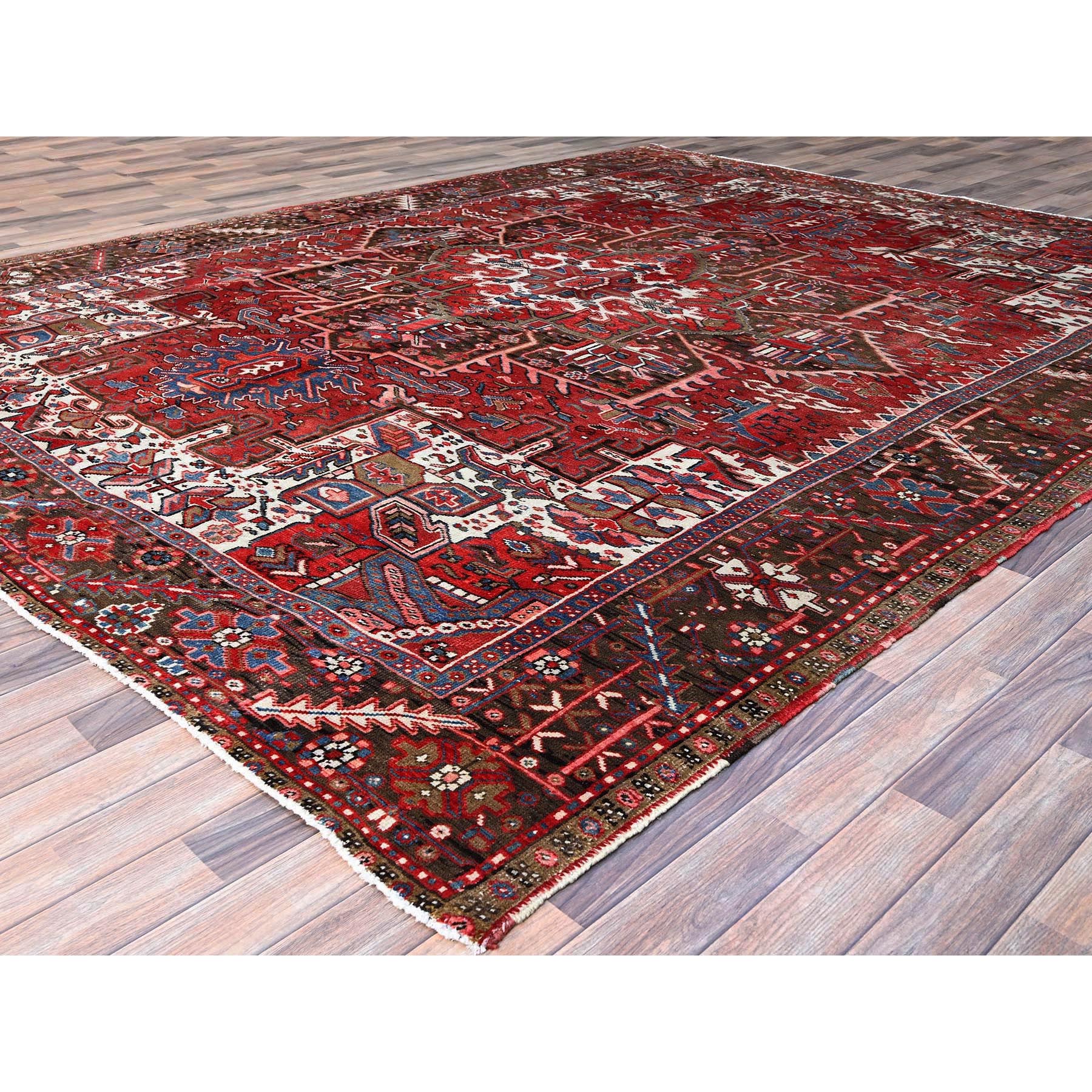 9'3"x11'8" Currant Red, Semi Antique Persian Heriz Tribal Design, Lustrous Wool, Distressed, Hand Knotted Abrash, Sheared Low, Evenly Worn Oriental Rug Sh104
