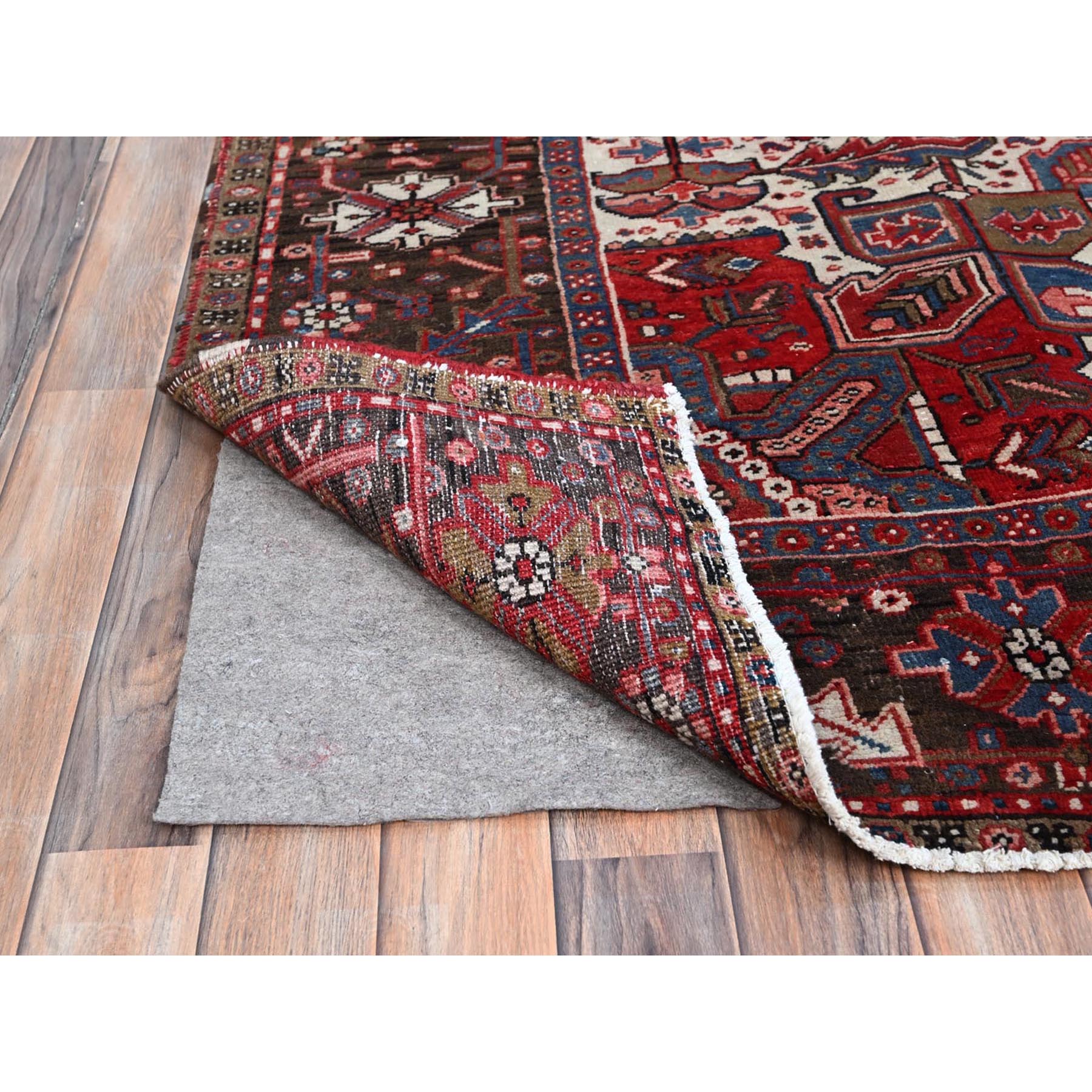 9'3"x11'8" Currant Red, Semi Antique Persian Heriz Tribal Design, Lustrous Wool, Distressed, Hand Knotted Abrash, Sheared Low, Evenly Worn Oriental Rug Sh104