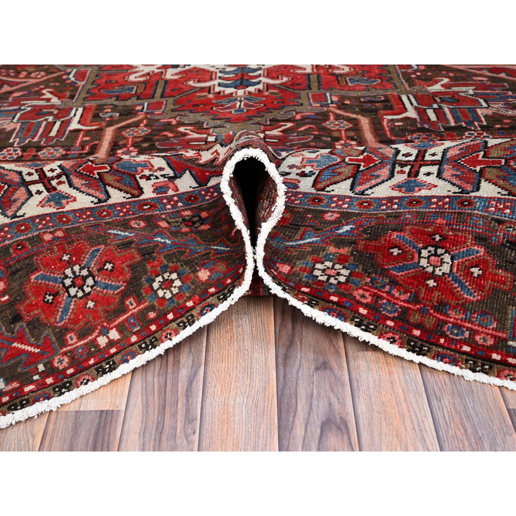 9'3"x11'8" Currant Red, Semi Antique Persian Heriz Tribal Design, Lustrous Wool, Distressed, Hand Knotted Abrash, Sheared Low, Evenly Worn Oriental Rug Sh104