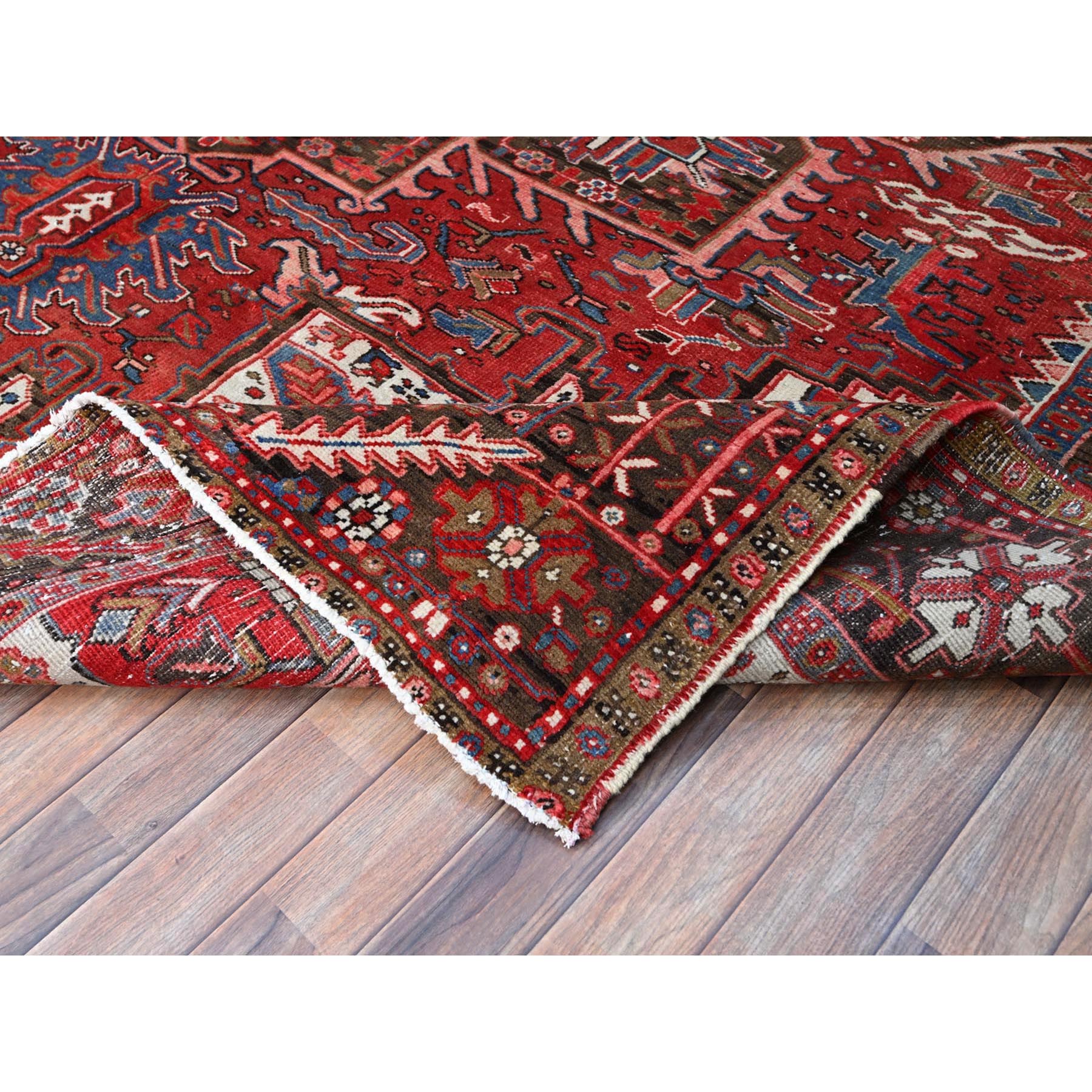 9'3"x11'8" Currant Red, Semi Antique Persian Heriz Tribal Design, Lustrous Wool, Distressed, Hand Knotted Abrash, Sheared Low, Evenly Worn Oriental Rug Sh104