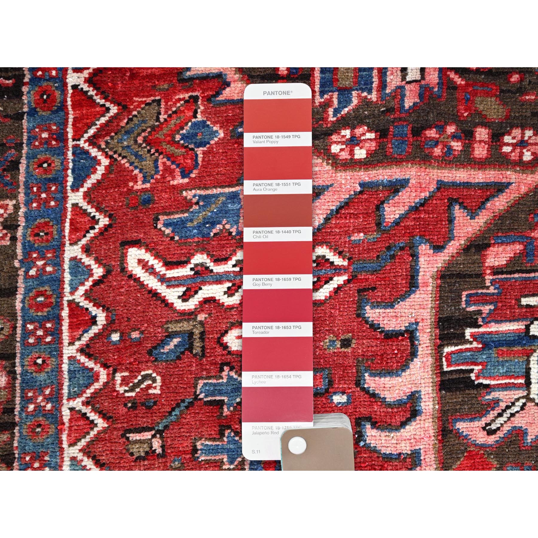 9'3"x11'8" Currant Red, Semi Antique Persian Heriz Tribal Design, Lustrous Wool, Distressed, Hand Knotted Abrash, Sheared Low, Evenly Worn Oriental Rug Sh104