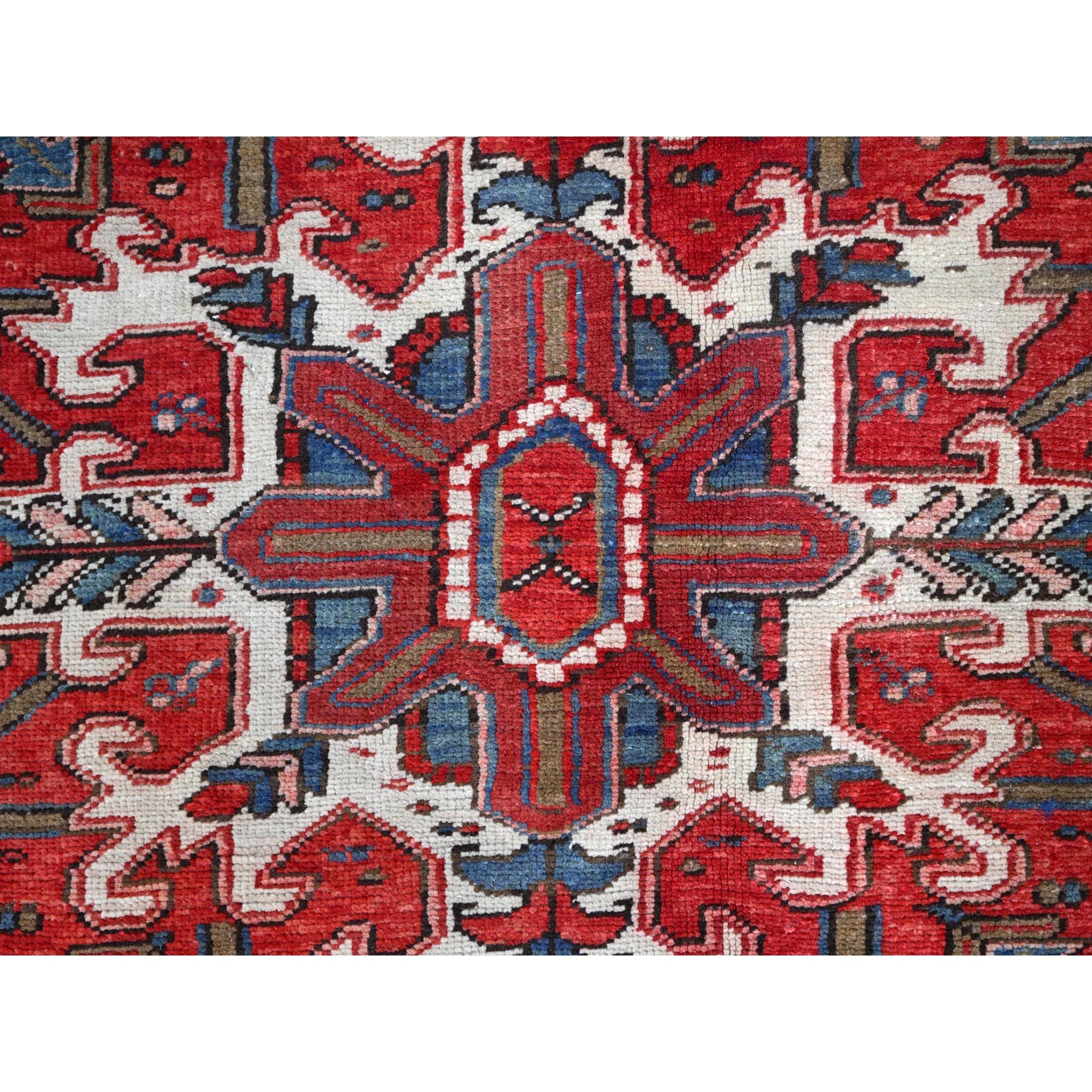 9'3"x11'8" Currant Red, Semi Antique Persian Heriz Tribal Design, Lustrous Wool, Distressed, Hand Knotted Abrash, Sheared Low, Evenly Worn Oriental Rug Sh104