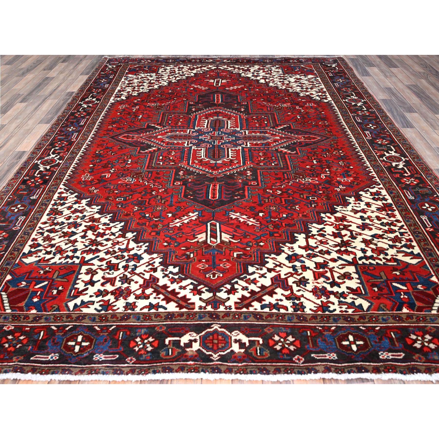 9'3"x11'8" Watermelon Red, Cleaned, Semi Antique Persian Heriz Design and Geometric Medallions, Great Condition Vibrant Wool, Sides and Ends Professionally Secured, Cropped Thin, Evenly Worn Oriental Rug Sh105