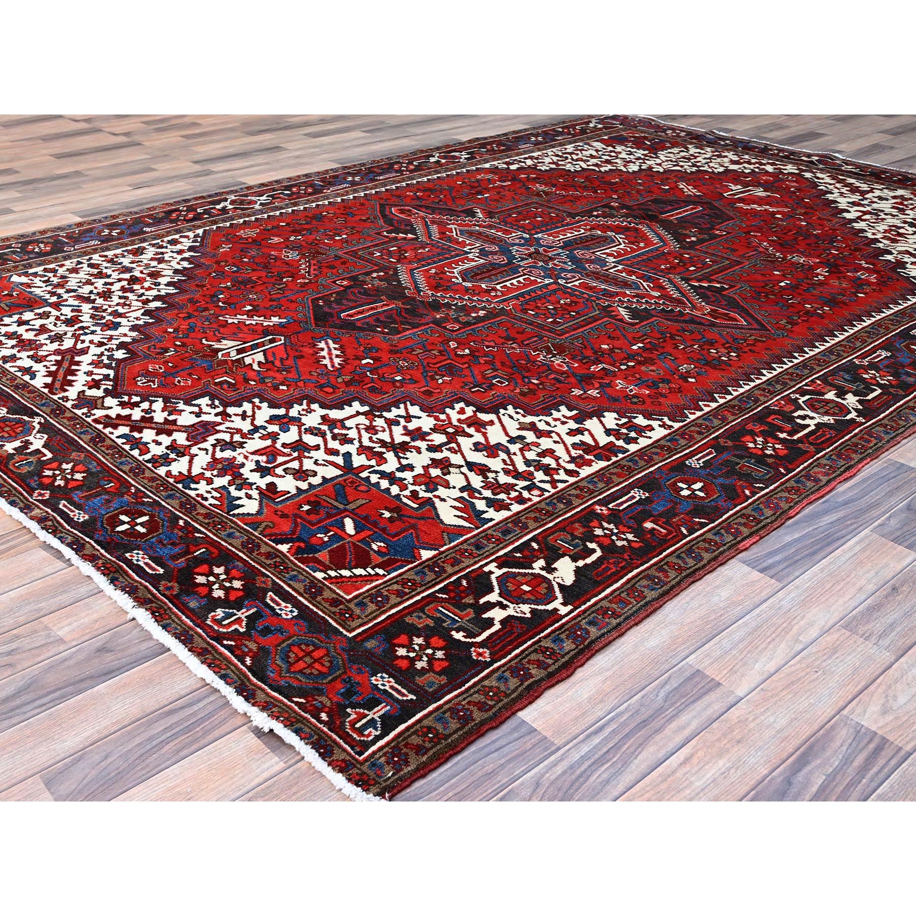 9'3"x11'8" Watermelon Red, Cleaned, Semi Antique Persian Heriz Design and Geometric Medallions, Great Condition Vibrant Wool, Sides and Ends Professionally Secured, Cropped Thin, Evenly Worn Oriental Rug Sh105