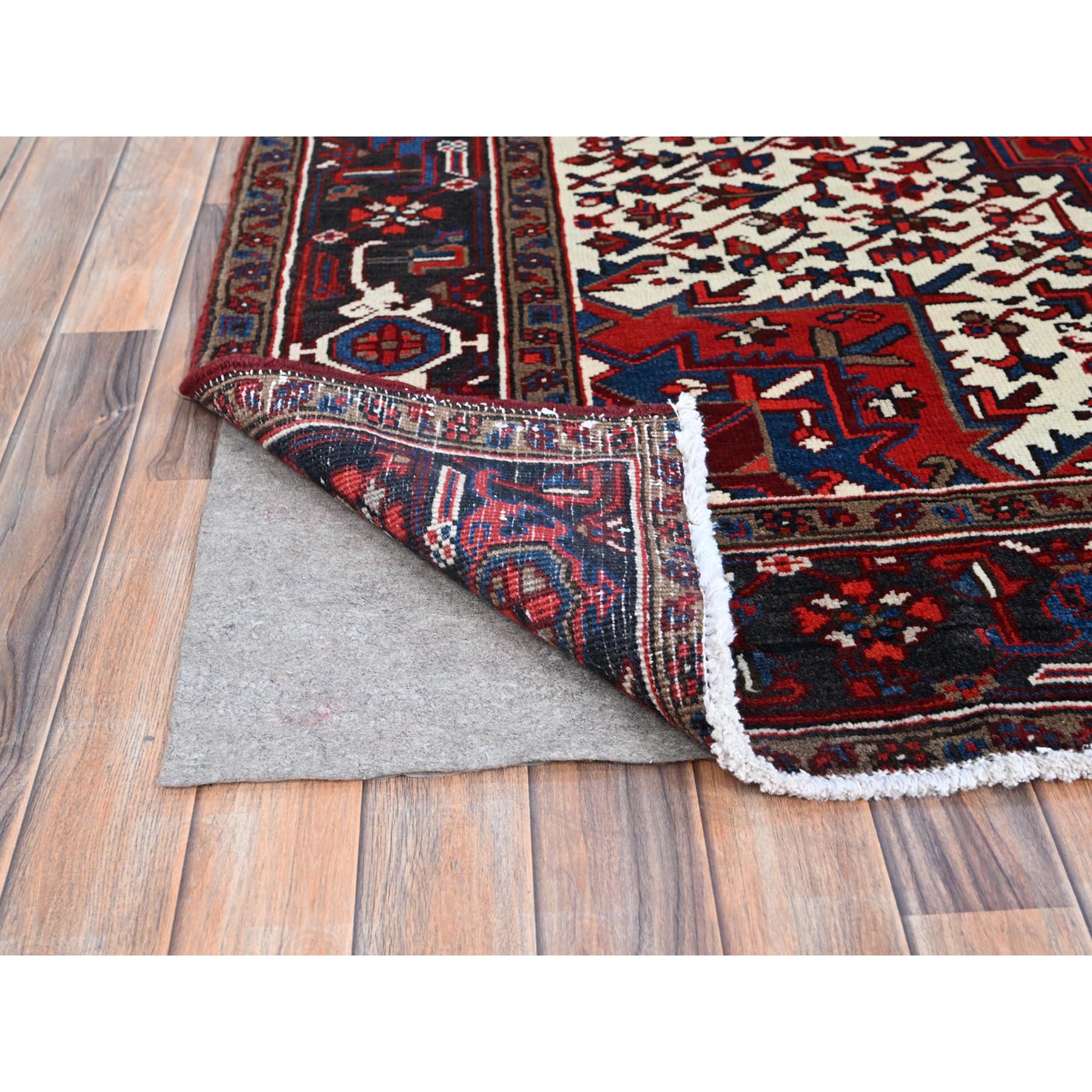 9'3"x11'8" Watermelon Red, Cleaned, Semi Antique Persian Heriz Design and Geometric Medallions, Great Condition Vibrant Wool, Sides and Ends Professionally Secured, Cropped Thin, Evenly Worn Oriental Rug Sh105