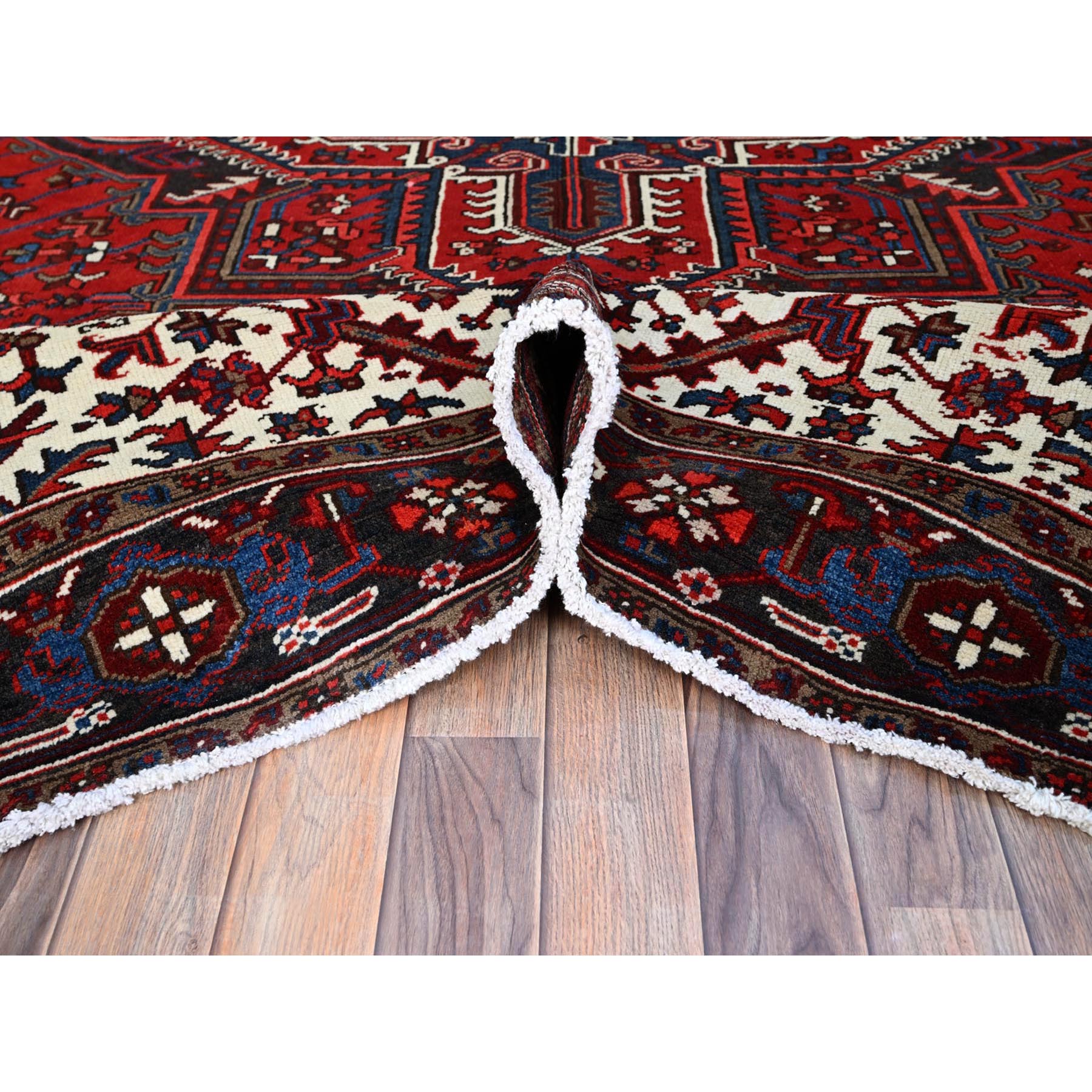 9'3"x11'8" Watermelon Red, Cleaned, Semi Antique Persian Heriz Design and Geometric Medallions, Great Condition Vibrant Wool, Sides and Ends Professionally Secured, Cropped Thin, Evenly Worn Oriental Rug Sh105