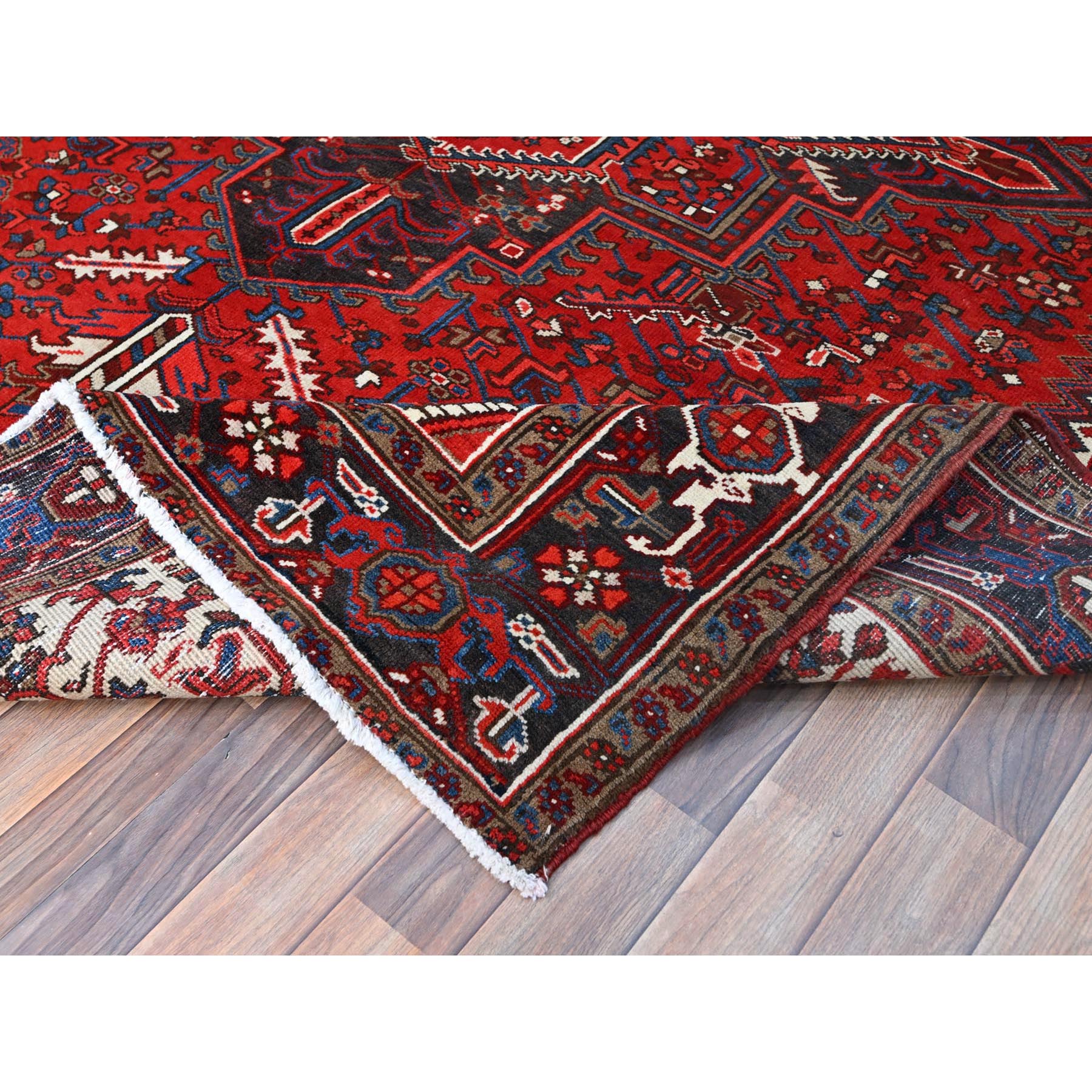 9'3"x11'8" Watermelon Red, Cleaned, Semi Antique Persian Heriz Design and Geometric Medallions, Great Condition Vibrant Wool, Sides and Ends Professionally Secured, Cropped Thin, Evenly Worn Oriental Rug Sh105