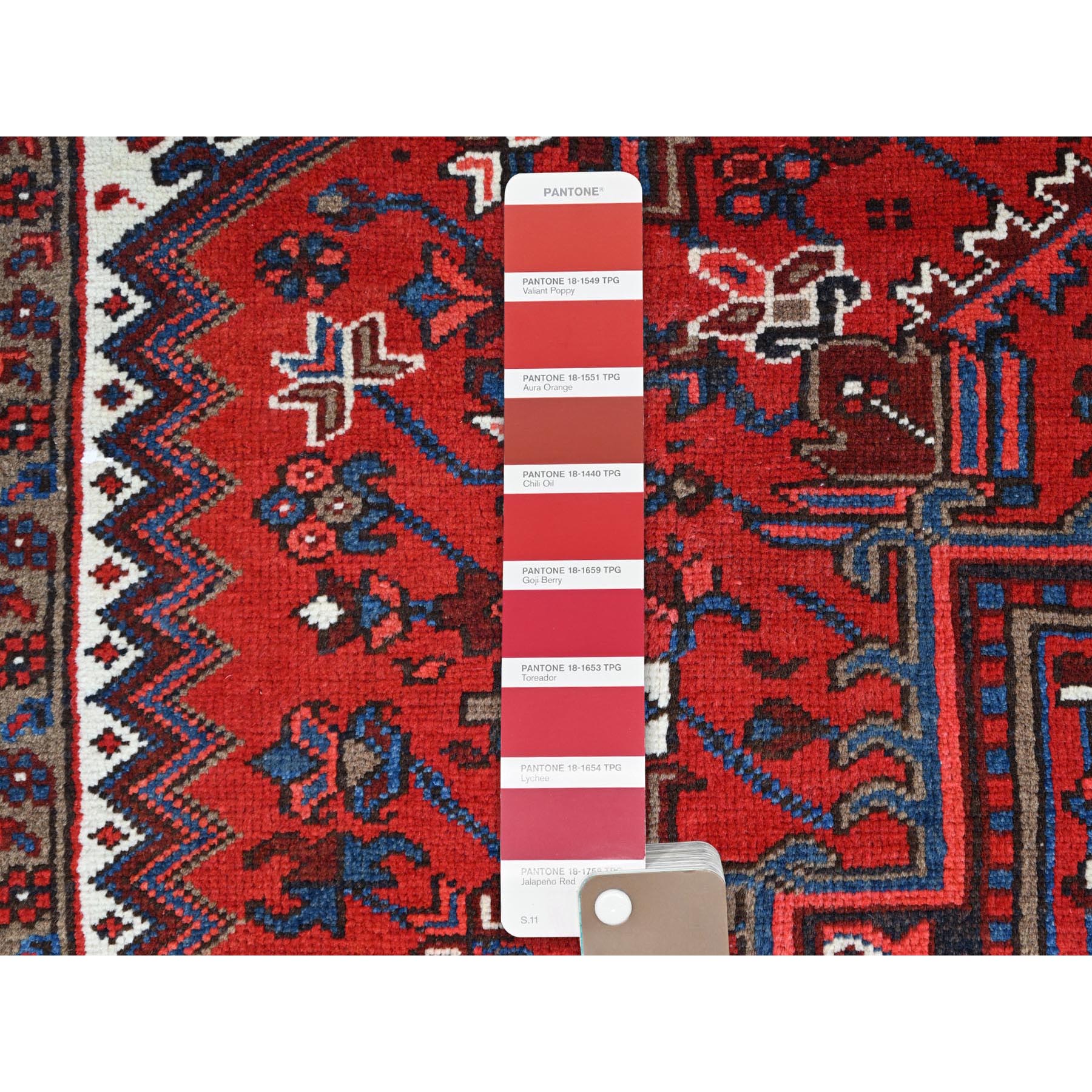 9'3"x11'8" Watermelon Red, Cleaned, Semi Antique Persian Heriz Design and Geometric Medallions, Great Condition Vibrant Wool, Sides and Ends Professionally Secured, Cropped Thin, Evenly Worn Oriental Rug Sh105