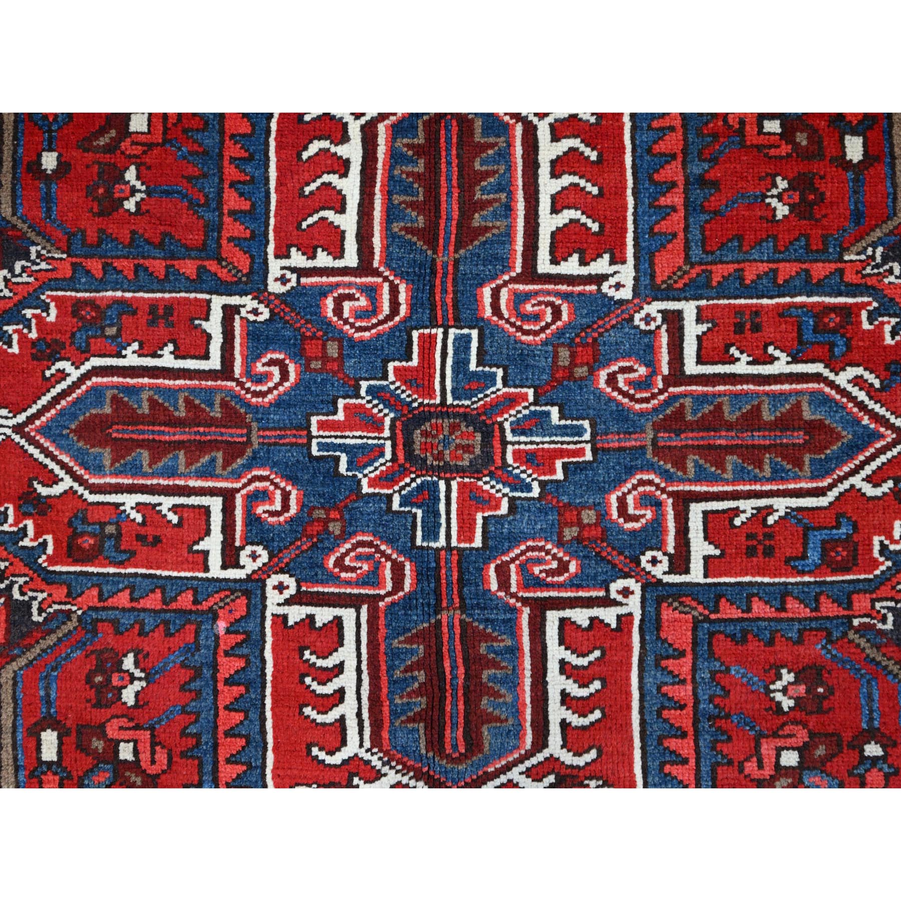 9'3"x11'8" Watermelon Red, Cleaned, Semi Antique Persian Heriz Design and Geometric Medallions, Great Condition Vibrant Wool, Sides and Ends Professionally Secured, Cropped Thin, Evenly Worn Oriental Rug Sh105