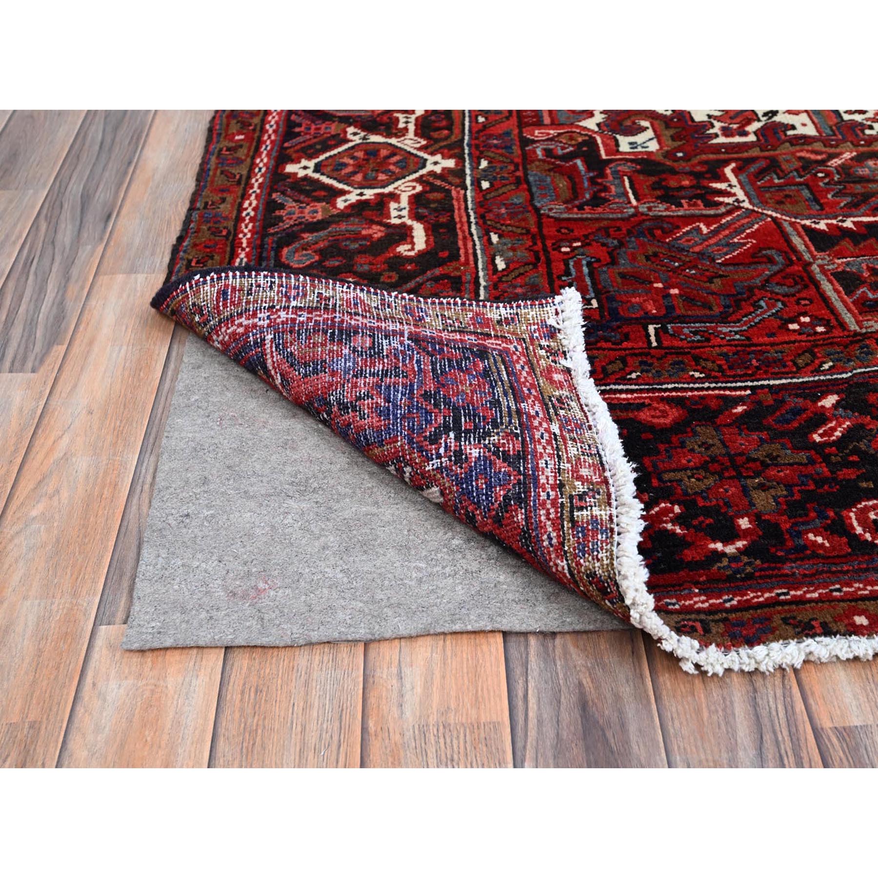 9'8"x12'4" Scarlet Red With Bistro White Corners, Hand Knotted Cropped Thin, Vintage Persian Heriz With Central Geometric Medallion Design, 100% Wool, Even Wear, Good Condition, Sides and Ends Professionally Secured, Oriental Rug Sh108
