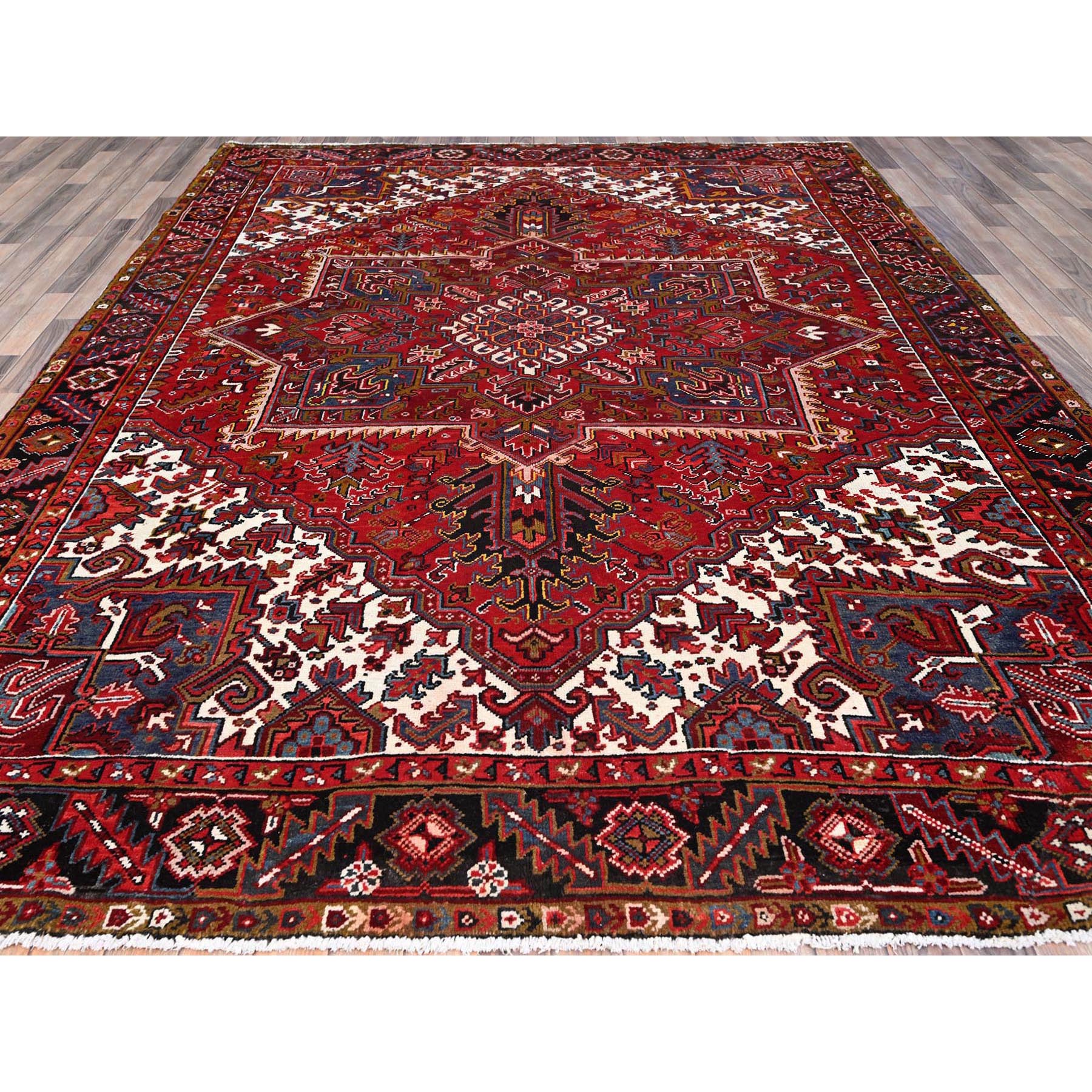 8'7'x11'1" Cherry Red, Tribal Village Nomad Art With Large Geometric Motif, Vibrant Wool, Hand Knotted, Ends And Sides Secured Professionally, Cleaned, Mint Condition, Vintage Persian Heriz Oriental Rug Sh111