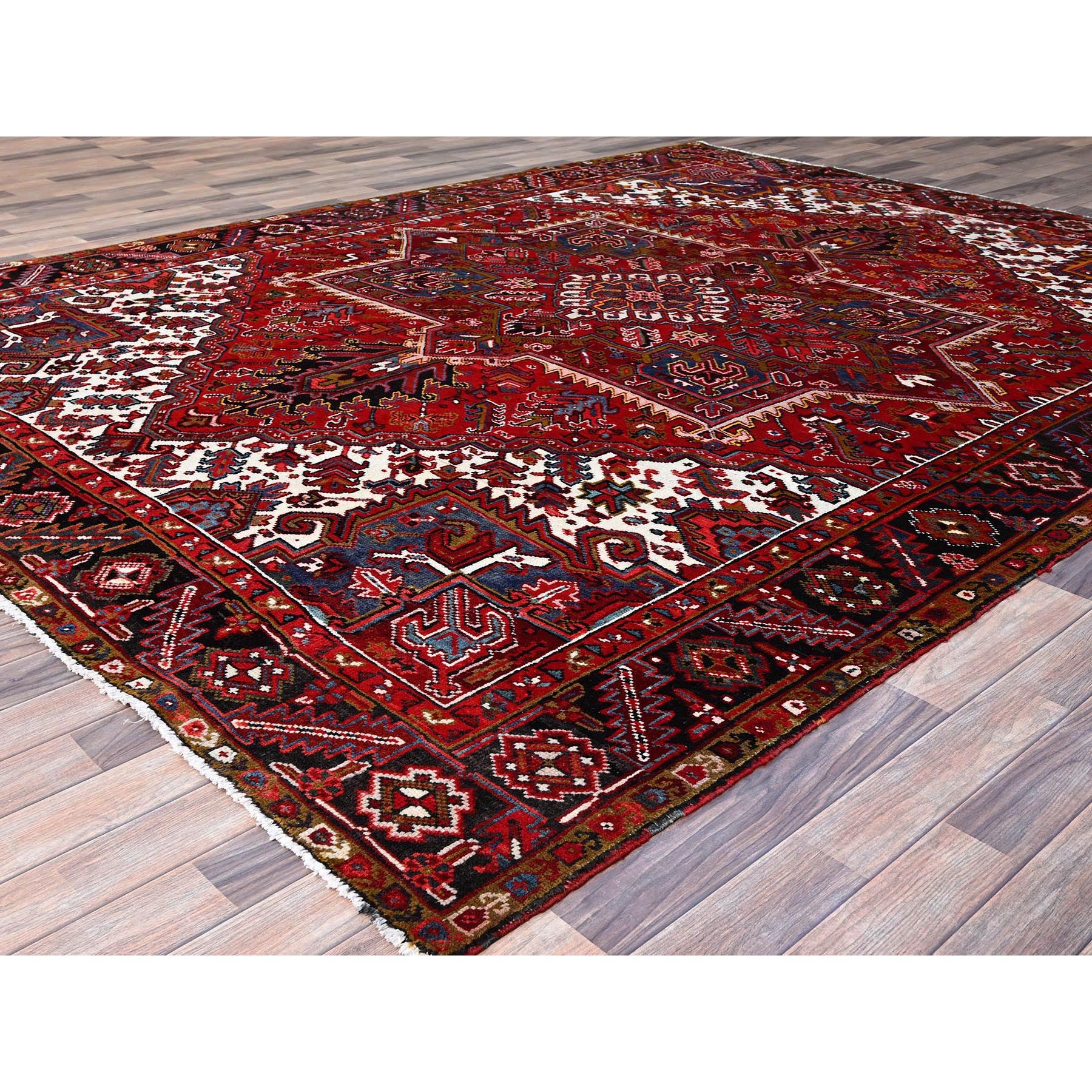 8'7'x11'1" Cherry Red, Tribal Village Nomad Art With Large Geometric Motif, Vibrant Wool, Hand Knotted, Ends And Sides Secured Professionally, Cleaned, Mint Condition, Vintage Persian Heriz Oriental Rug Sh111