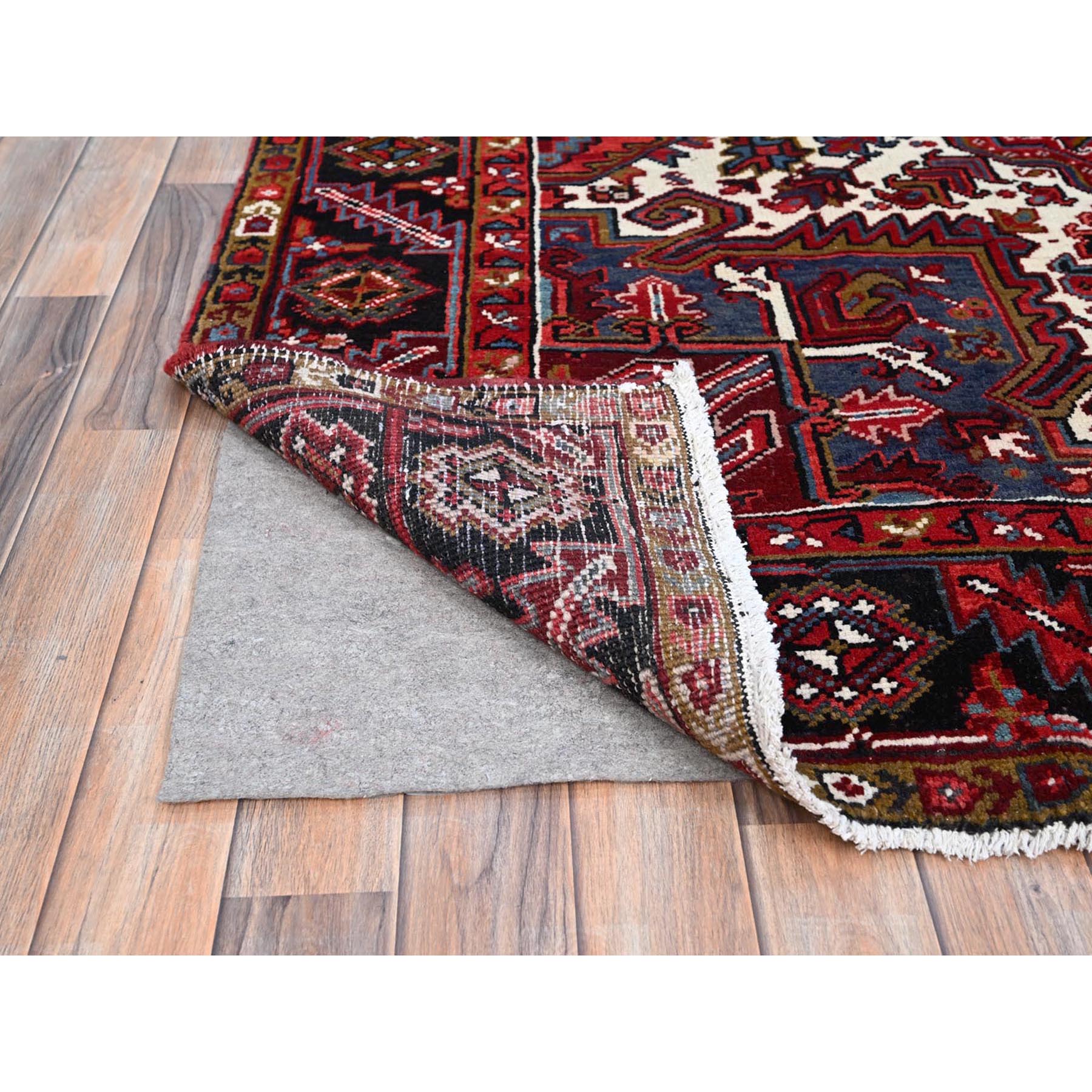 8'7'x11'1" Cherry Red, Tribal Village Nomad Art With Large Geometric Motif, Vibrant Wool, Hand Knotted, Ends And Sides Secured Professionally, Cleaned, Mint Condition, Vintage Persian Heriz Oriental Rug Sh111