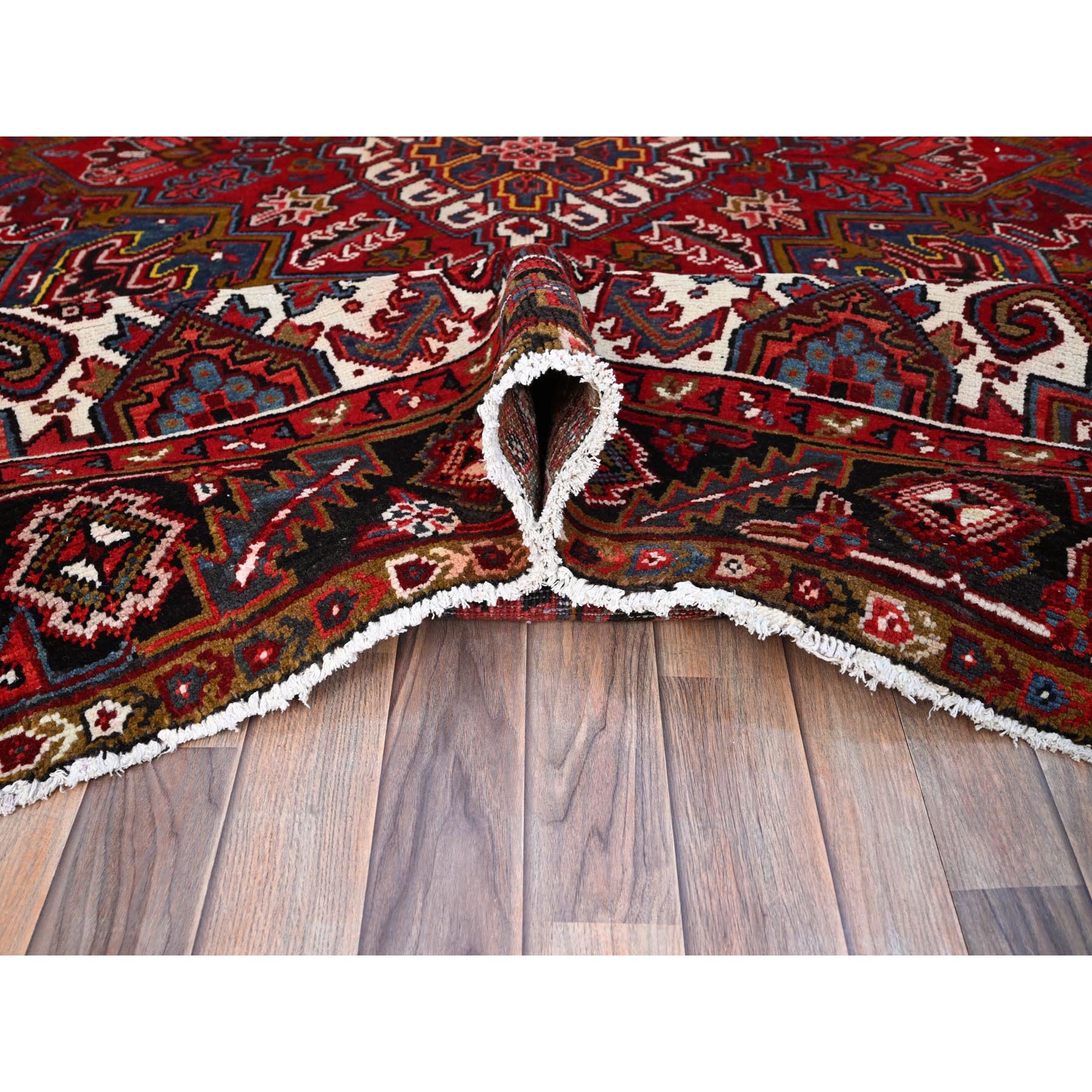 8'7'x11'1" Cherry Red, Tribal Village Nomad Art With Large Geometric Motif, Vibrant Wool, Hand Knotted, Ends And Sides Secured Professionally, Cleaned, Mint Condition, Vintage Persian Heriz Oriental Rug Sh111