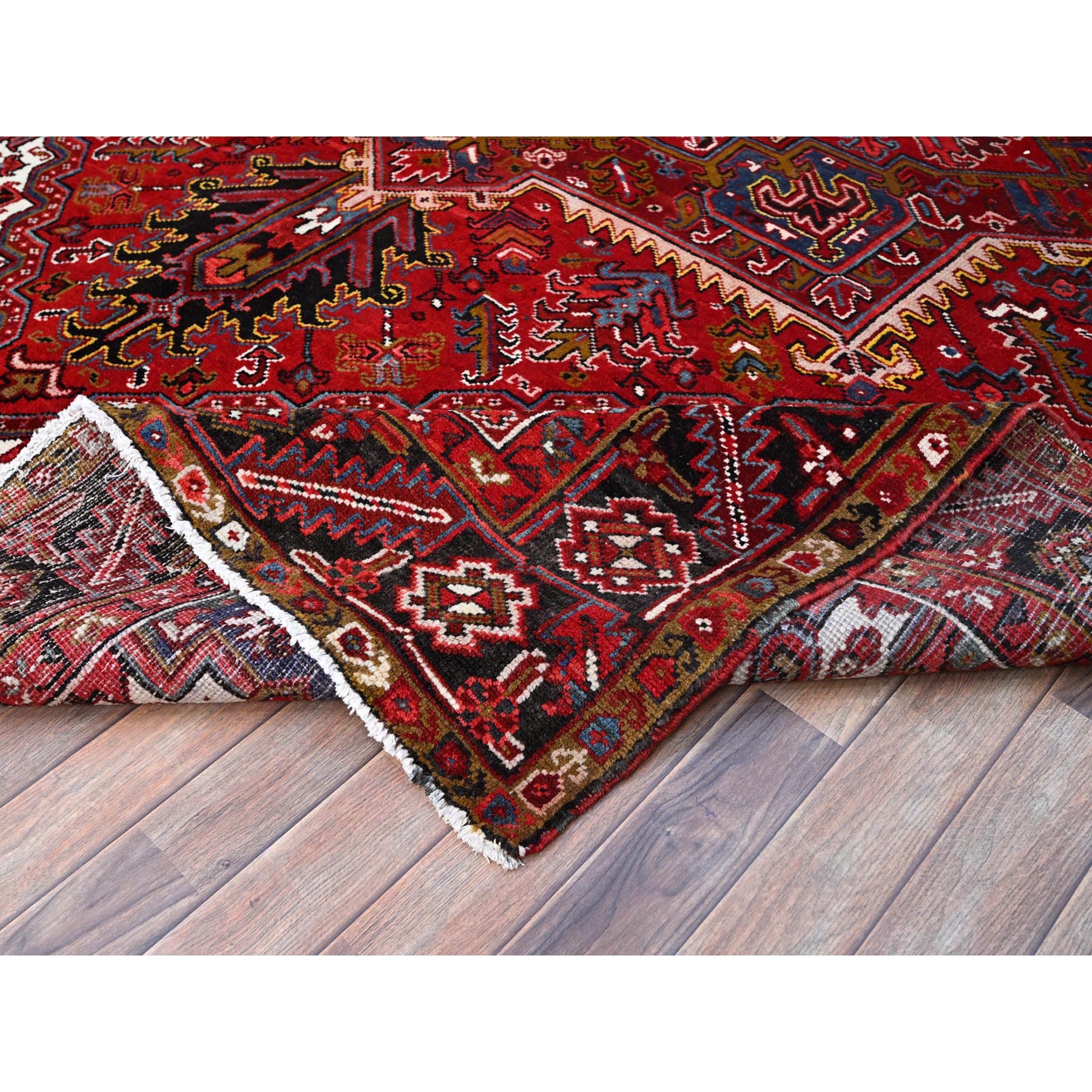 8'7'x11'1" Cherry Red, Tribal Village Nomad Art With Large Geometric Motif, Vibrant Wool, Hand Knotted, Ends And Sides Secured Professionally, Cleaned, Mint Condition, Vintage Persian Heriz Oriental Rug Sh111