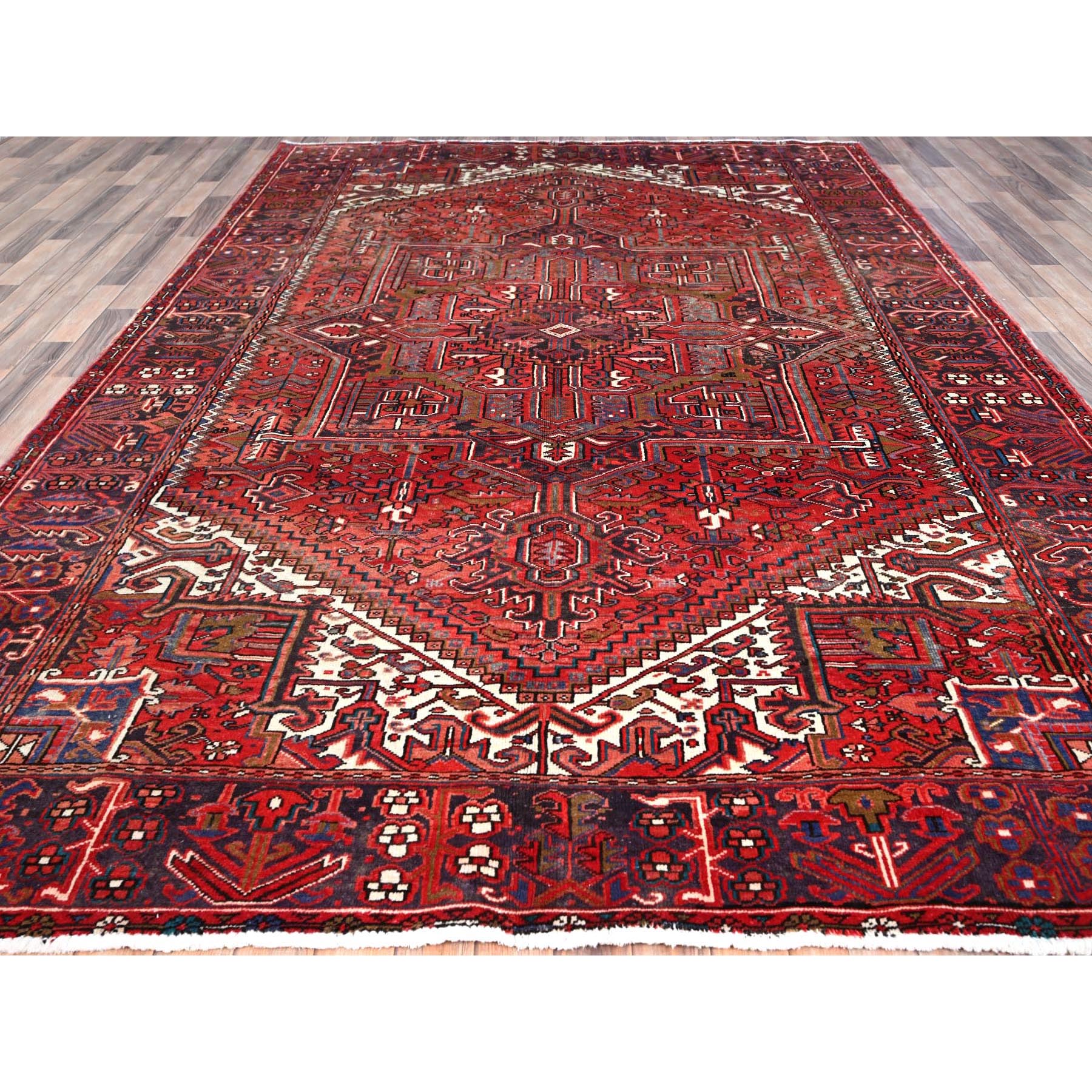 7'10"x11'4" Toreader Red, Hand Knotted, Good Condition, All Wool, Sides And Ends Secured Professionally, Cleaned, Evenly Worn, Vintage Persian Heriz Oriental Rug Sh113
