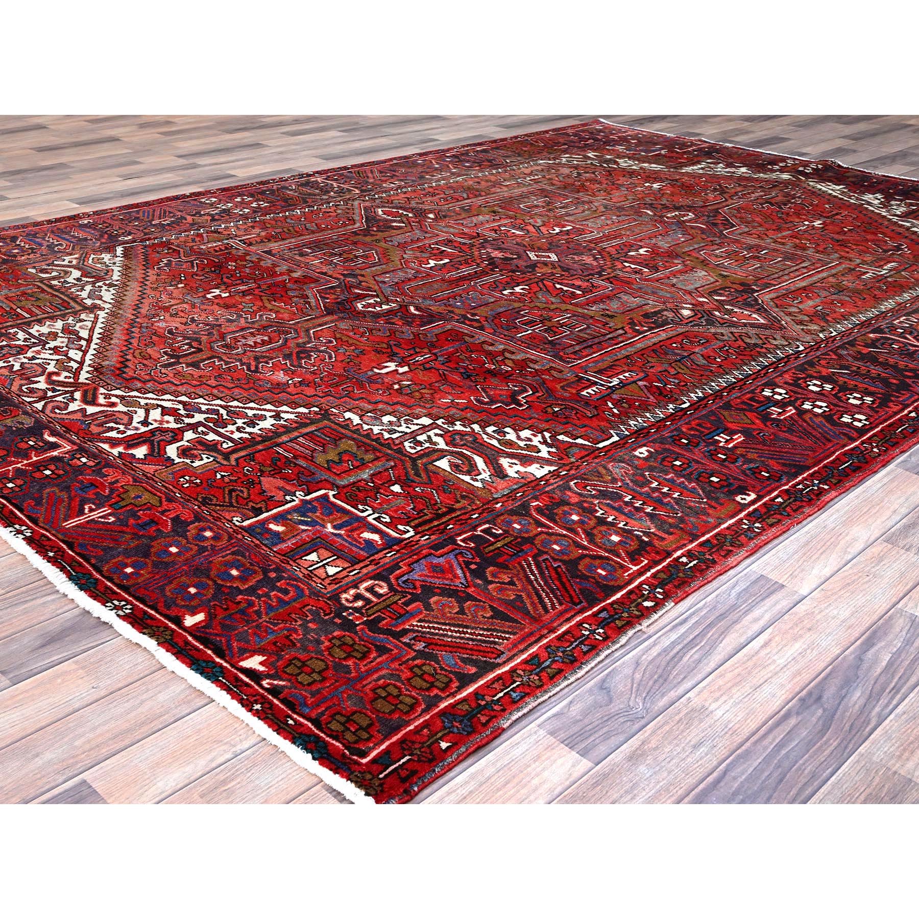 7'10"x11'4" Toreader Red, Hand Knotted, Good Condition, All Wool, Sides And Ends Secured Professionally, Cleaned, Evenly Worn, Vintage Persian Heriz Oriental Rug Sh113