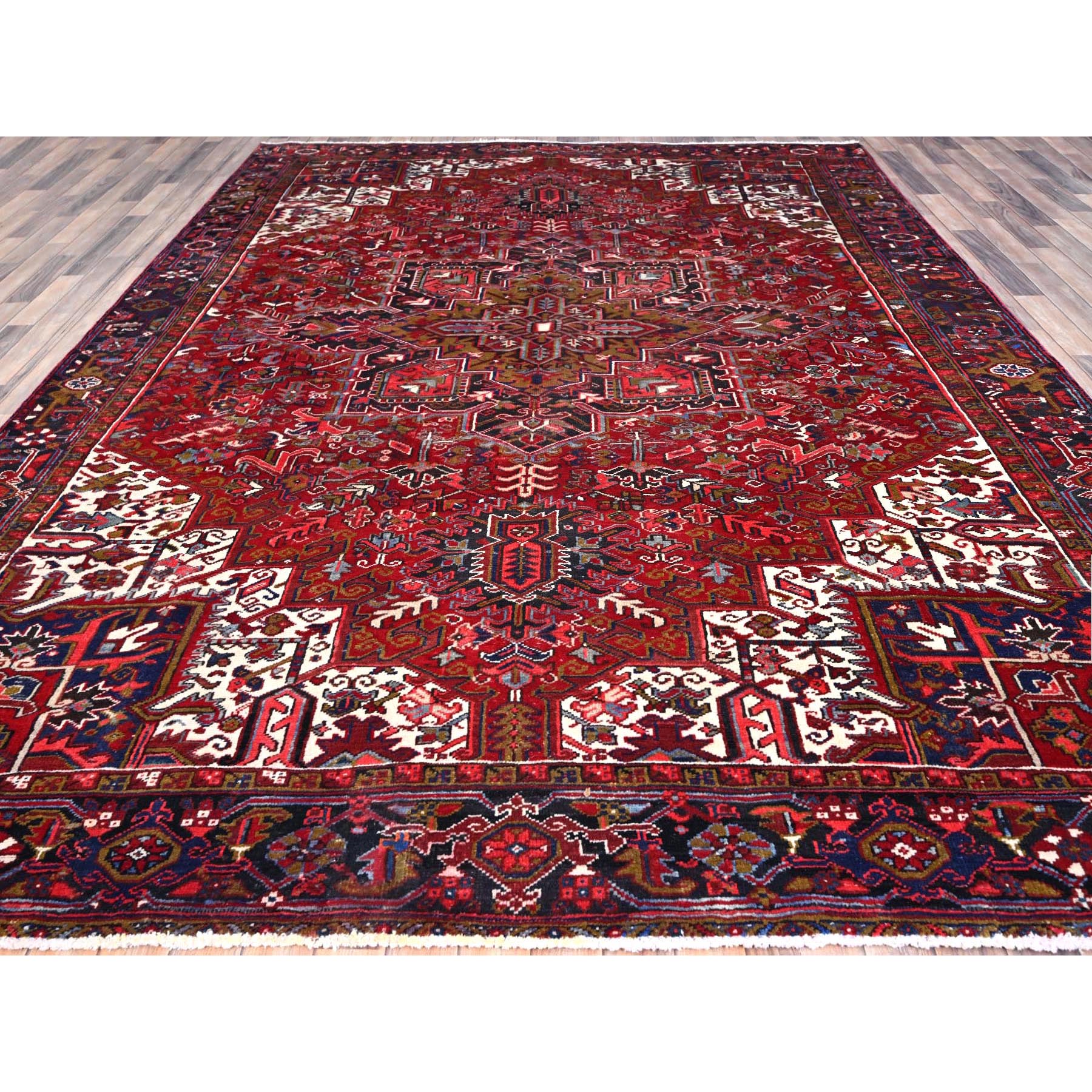 9'1"x12'4" Nationals Red, Even Wear, Clean, Semi Antique Persian Heriz, Mint Condition, Sides And Ends Secured Professionally, Natural Wool, Sheared Low, Hand Knotted, Oriental Rug Sh115