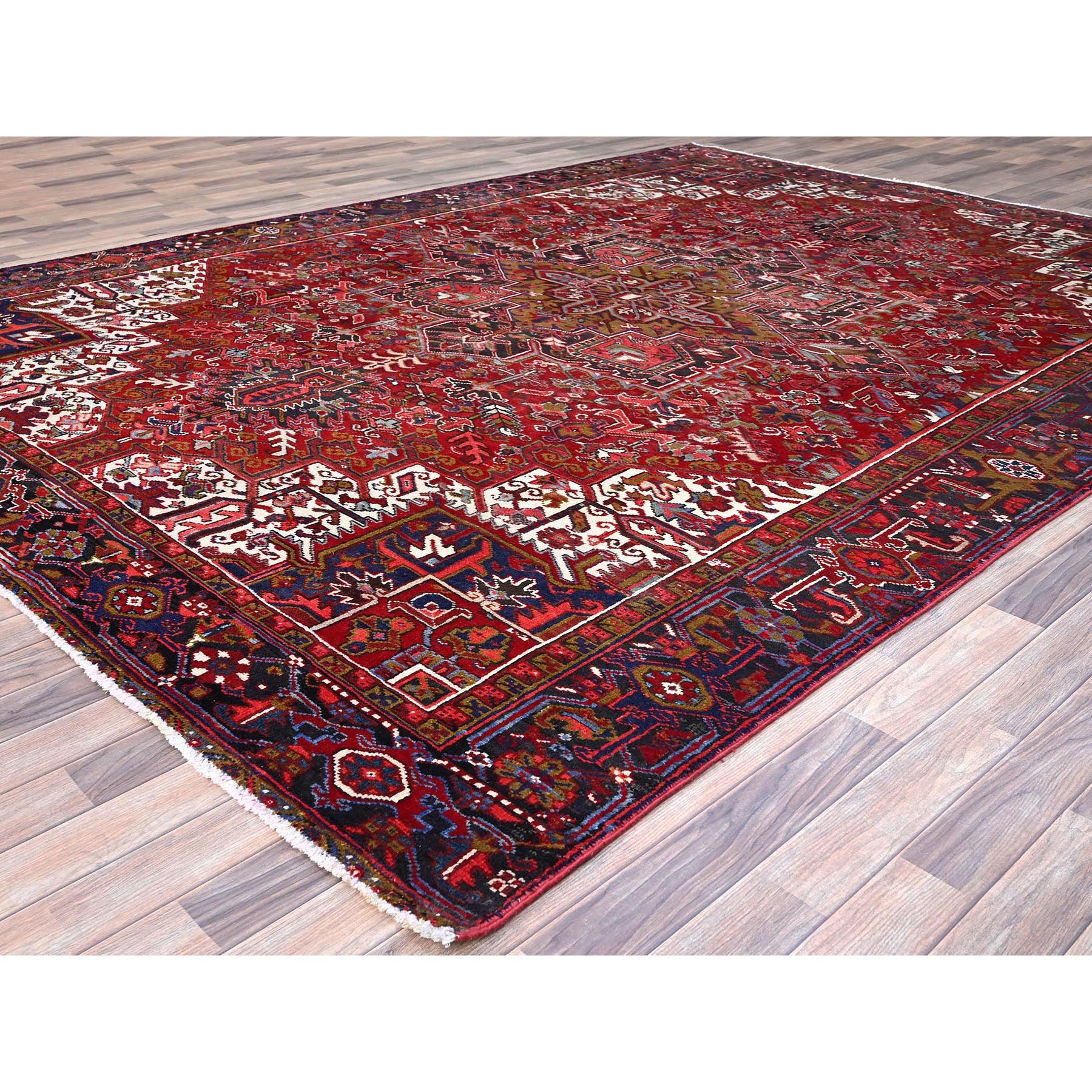 9'1"x12'4" Nationals Red, Even Wear, Clean, Semi Antique Persian Heriz, Mint Condition, Sides And Ends Secured Professionally, Natural Wool, Sheared Low, Hand Knotted, Oriental Rug Sh115