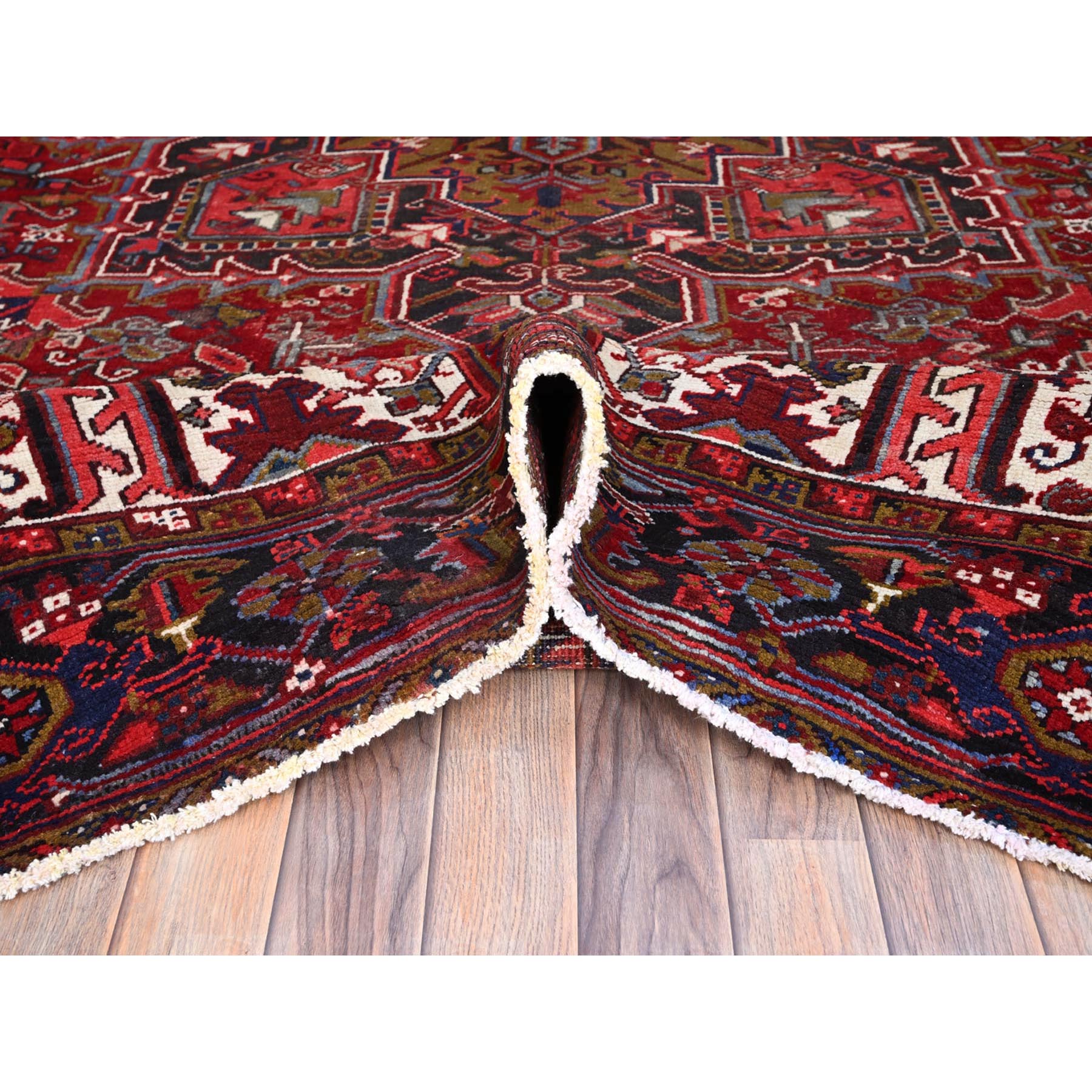 9'1"x12'4" Nationals Red, Even Wear, Clean, Semi Antique Persian Heriz, Mint Condition, Sides And Ends Secured Professionally, Natural Wool, Sheared Low, Hand Knotted, Oriental Rug Sh115