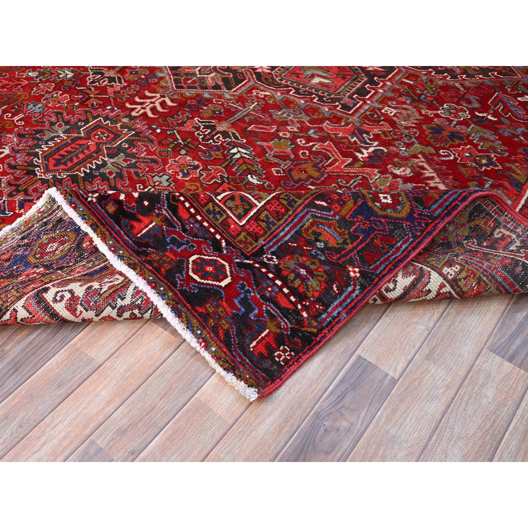 9'1"x12'4" Nationals Red, Even Wear, Clean, Semi Antique Persian Heriz, Mint Condition, Sides And Ends Secured Professionally, Natural Wool, Sheared Low, Hand Knotted, Oriental Rug Sh115