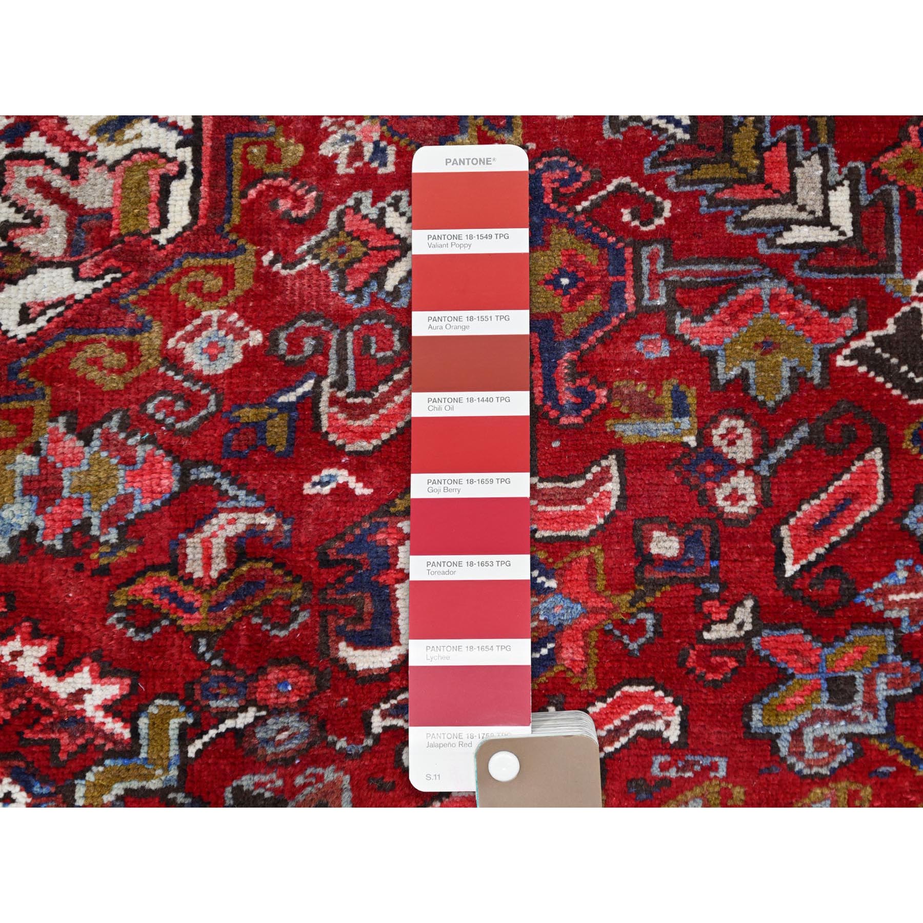 9'1"x12'4" Nationals Red, Even Wear, Clean, Semi Antique Persian Heriz, Mint Condition, Sides And Ends Secured Professionally, Natural Wool, Sheared Low, Hand Knotted, Oriental Rug Sh115