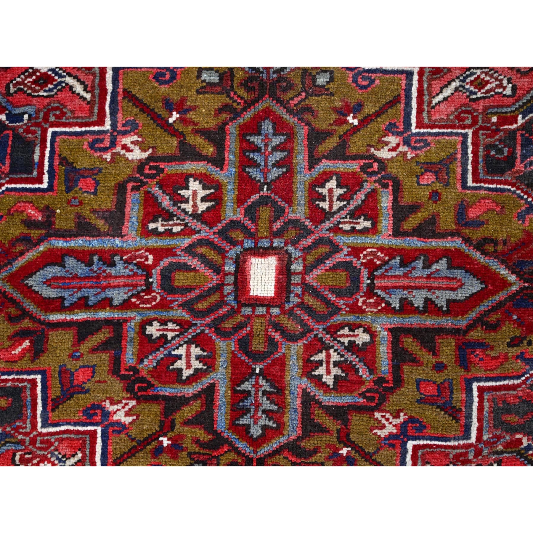 9'1"x12'4" Nationals Red, Even Wear, Clean, Semi Antique Persian Heriz, Mint Condition, Sides And Ends Secured Professionally, Natural Wool, Sheared Low, Hand Knotted, Oriental Rug Sh115