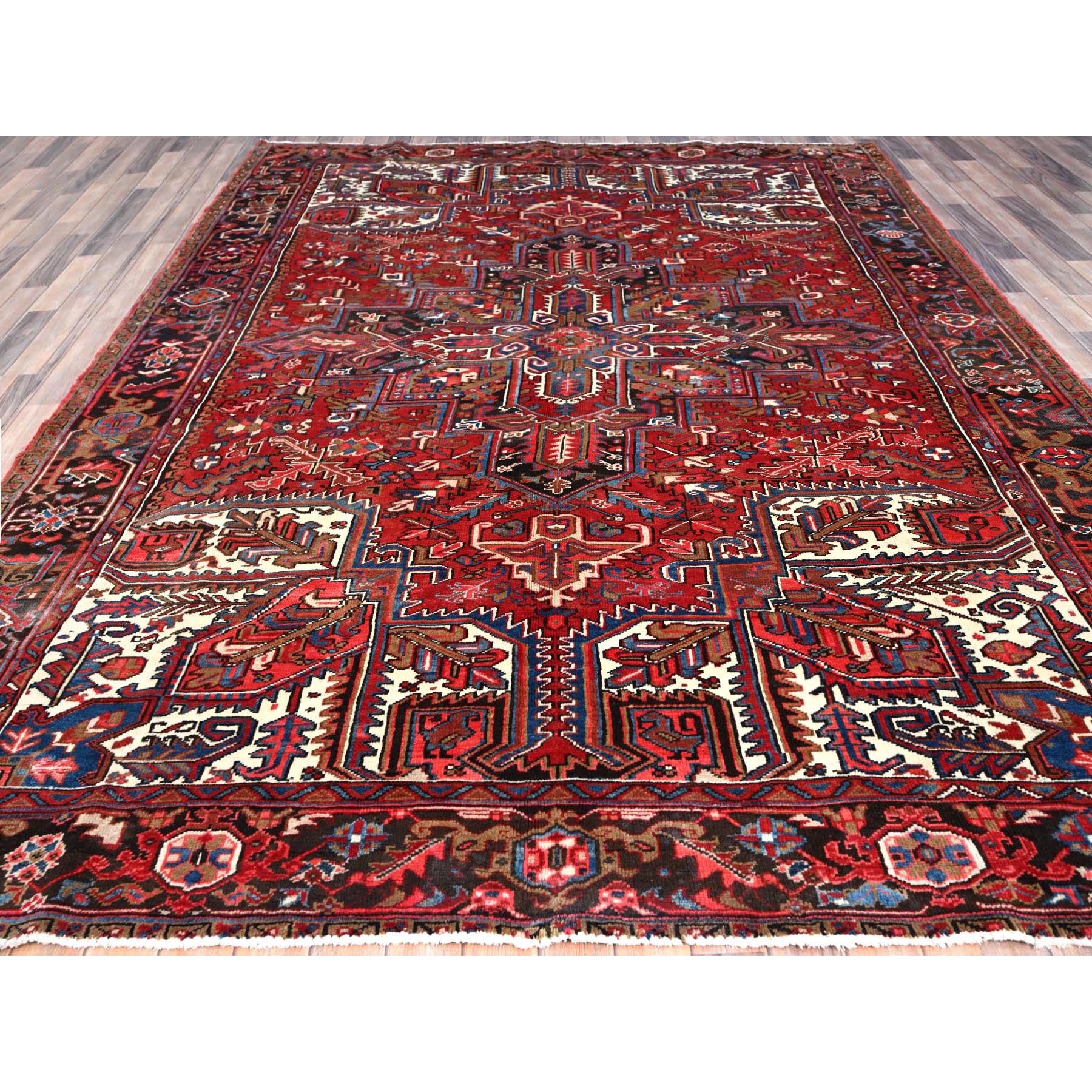 8'2"x10'10" Tomato Tango Red, Central Geometric Medallion, Evenly Worn, Cleaned, Good Condition, Hand Knotted, Persian Heriz All Wool, Cropped Thin, Sides And Ends Secured Professionally, Vintage Oriental Rug Sh116