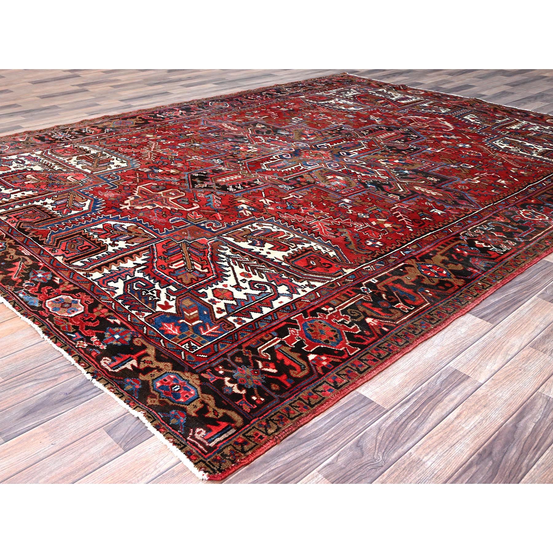 8'2"x10'10" Tomato Tango Red, Central Geometric Medallion, Evenly Worn, Cleaned, Good Condition, Hand Knotted, Persian Heriz All Wool, Cropped Thin, Sides And Ends Secured Professionally, Vintage Oriental Rug Sh116