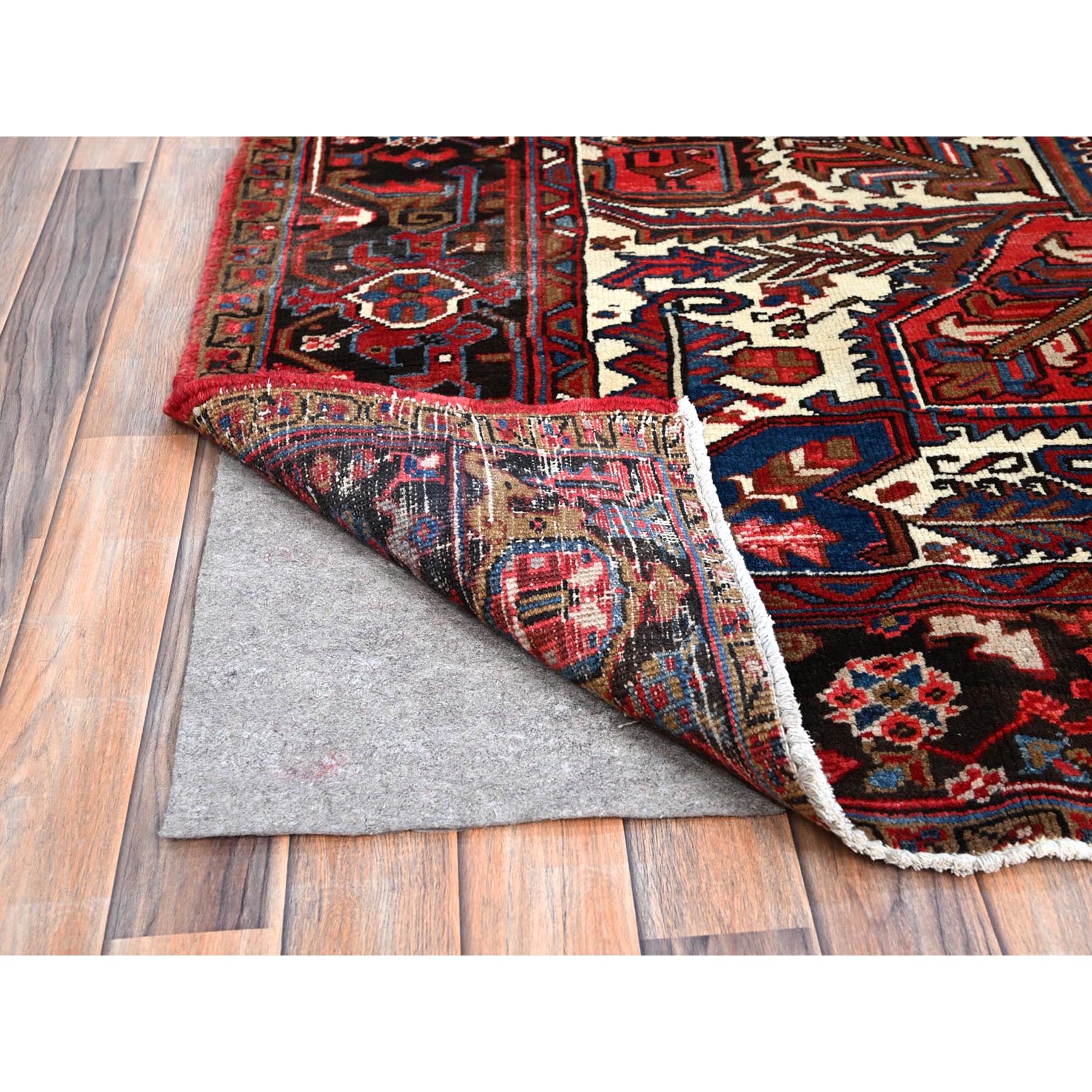 8'2"x10'10" Tomato Tango Red, Central Geometric Medallion, Evenly Worn, Cleaned, Good Condition, Hand Knotted, Persian Heriz All Wool, Cropped Thin, Sides And Ends Secured Professionally, Vintage Oriental Rug Sh116