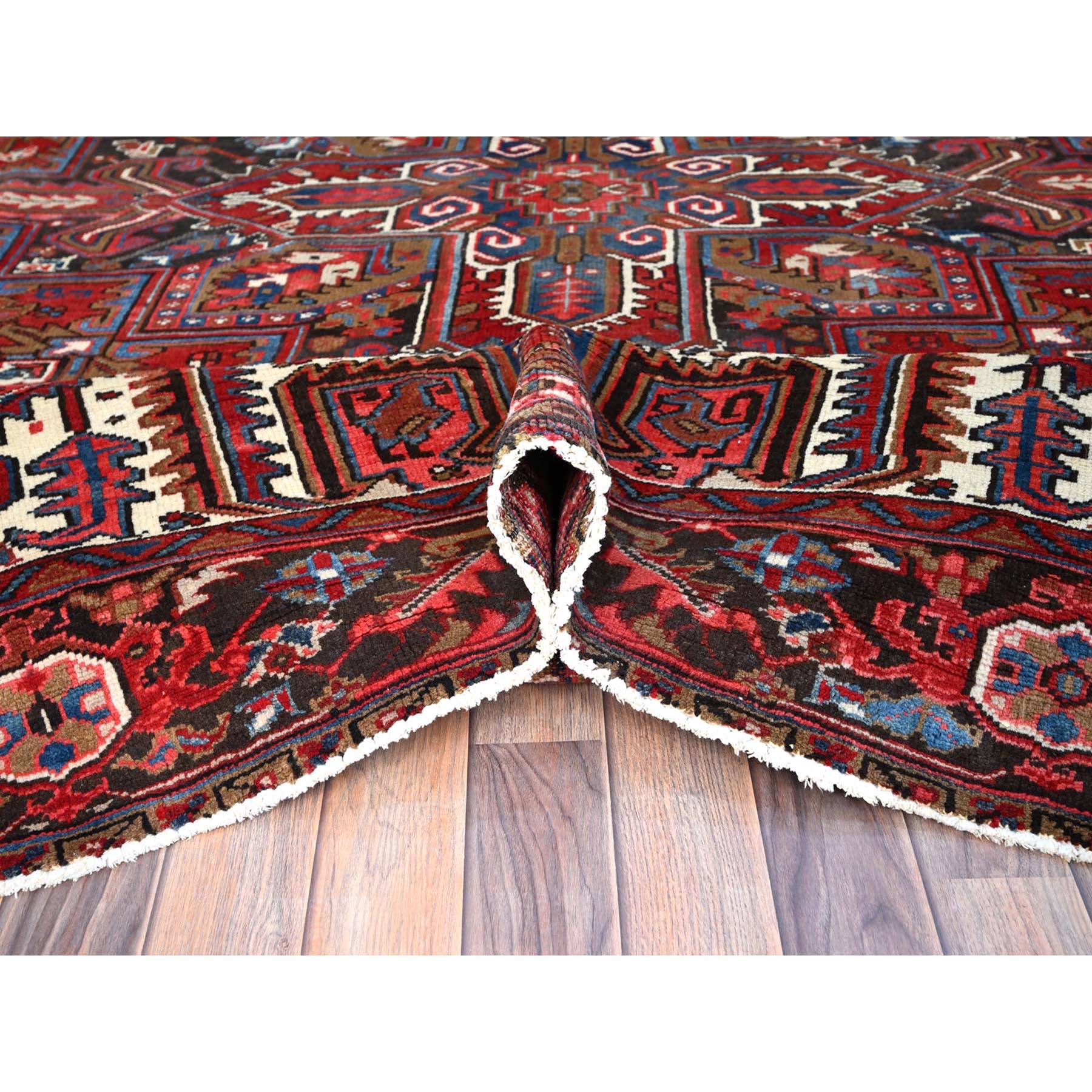 8'2"x10'10" Tomato Tango Red, Central Geometric Medallion, Evenly Worn, Cleaned, Good Condition, Hand Knotted, Persian Heriz All Wool, Cropped Thin, Sides And Ends Secured Professionally, Vintage Oriental Rug Sh116