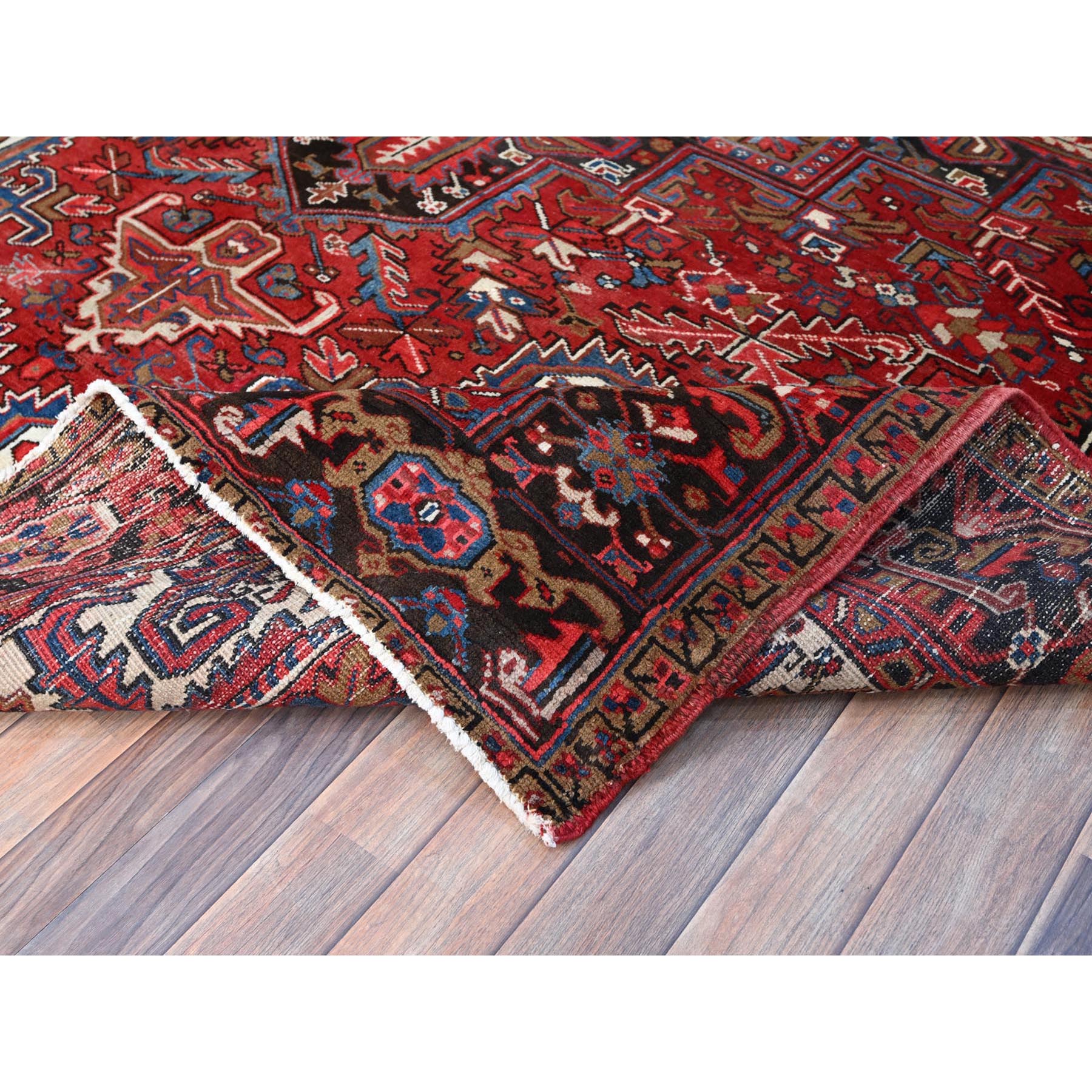 8'2"x10'10" Tomato Tango Red, Central Geometric Medallion, Evenly Worn, Cleaned, Good Condition, Hand Knotted, Persian Heriz All Wool, Cropped Thin, Sides And Ends Secured Professionally, Vintage Oriental Rug Sh116