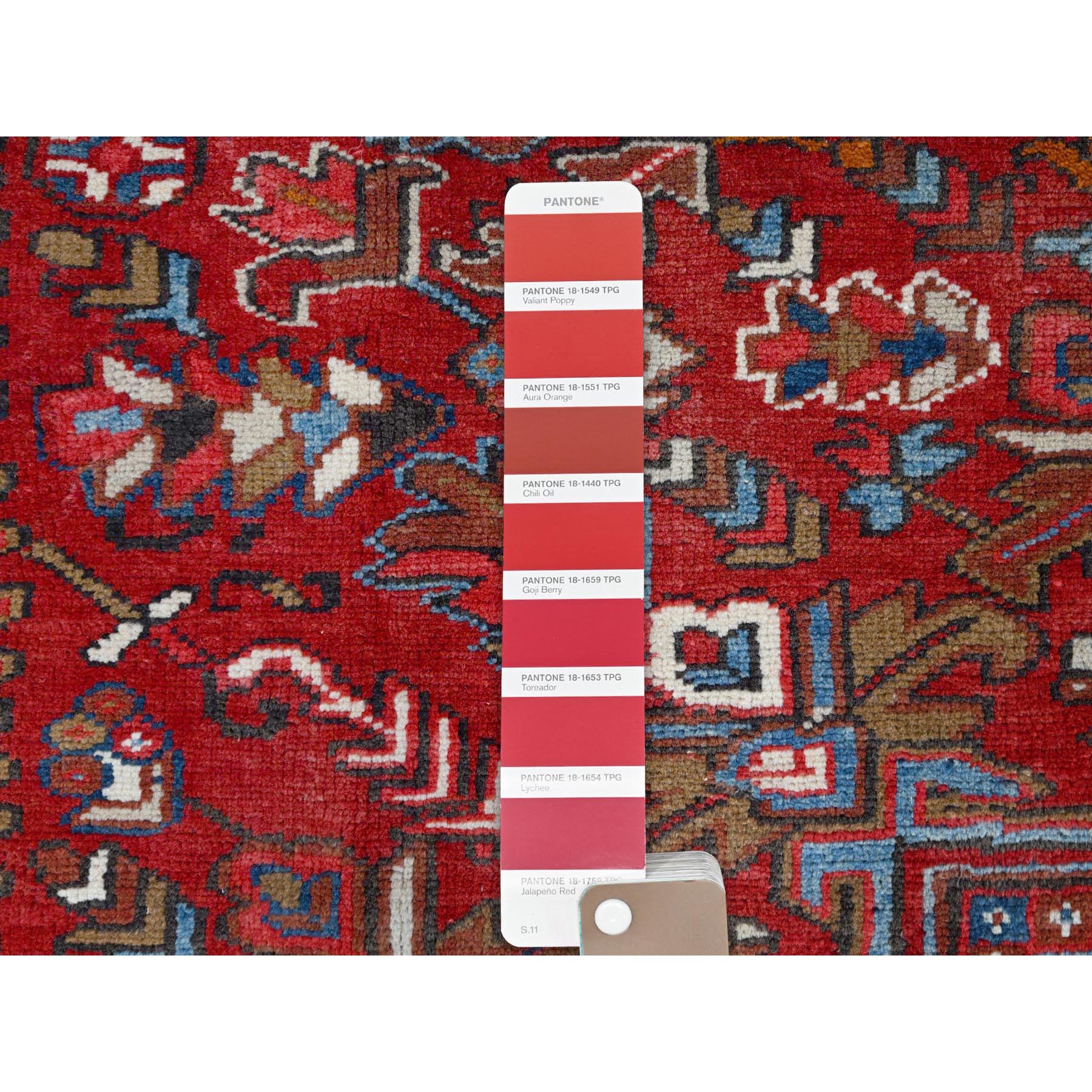 8'2"x10'10" Tomato Tango Red, Central Geometric Medallion, Evenly Worn, Cleaned, Good Condition, Hand Knotted, Persian Heriz All Wool, Cropped Thin, Sides And Ends Secured Professionally, Vintage Oriental Rug Sh116