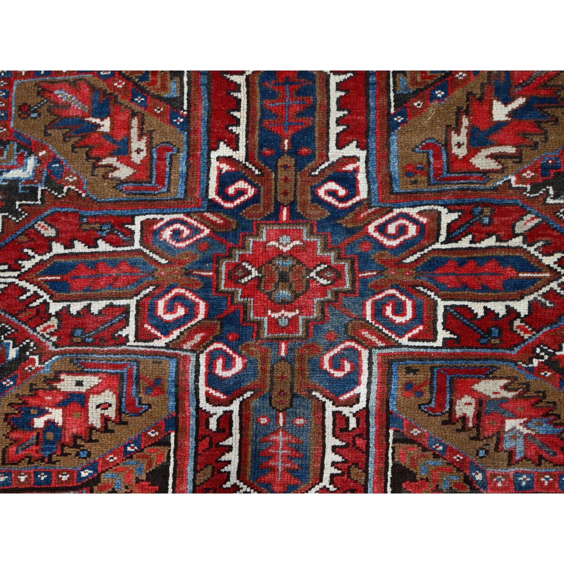 8'2"x10'10" Tomato Tango Red, Central Geometric Medallion, Evenly Worn, Cleaned, Good Condition, Hand Knotted, Persian Heriz All Wool, Cropped Thin, Sides And Ends Secured Professionally, Vintage Oriental Rug Sh116