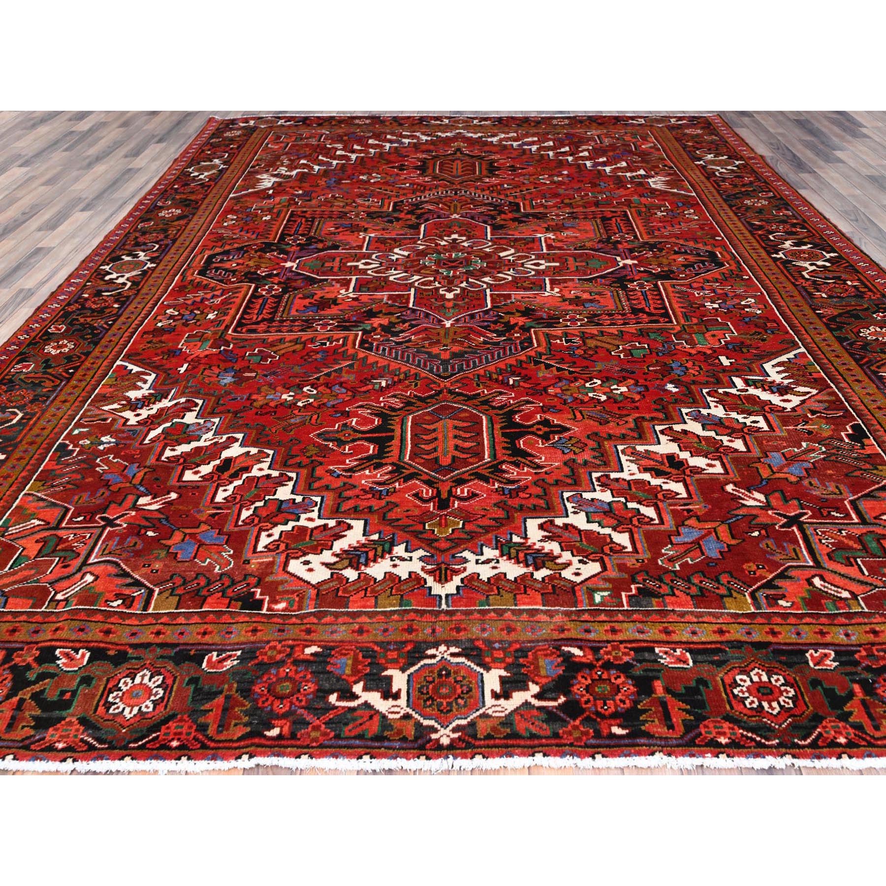 10'x12'9" Crimson Red With Asphalt Black Border, Large Colorful Centre Geometric Pattern, Secured And Cleaned, Hand Knotted, Great Condition, Pure And Soft Wool, Sheared Low, Semi Antique Persian Heriz Oriental Rug Sh117