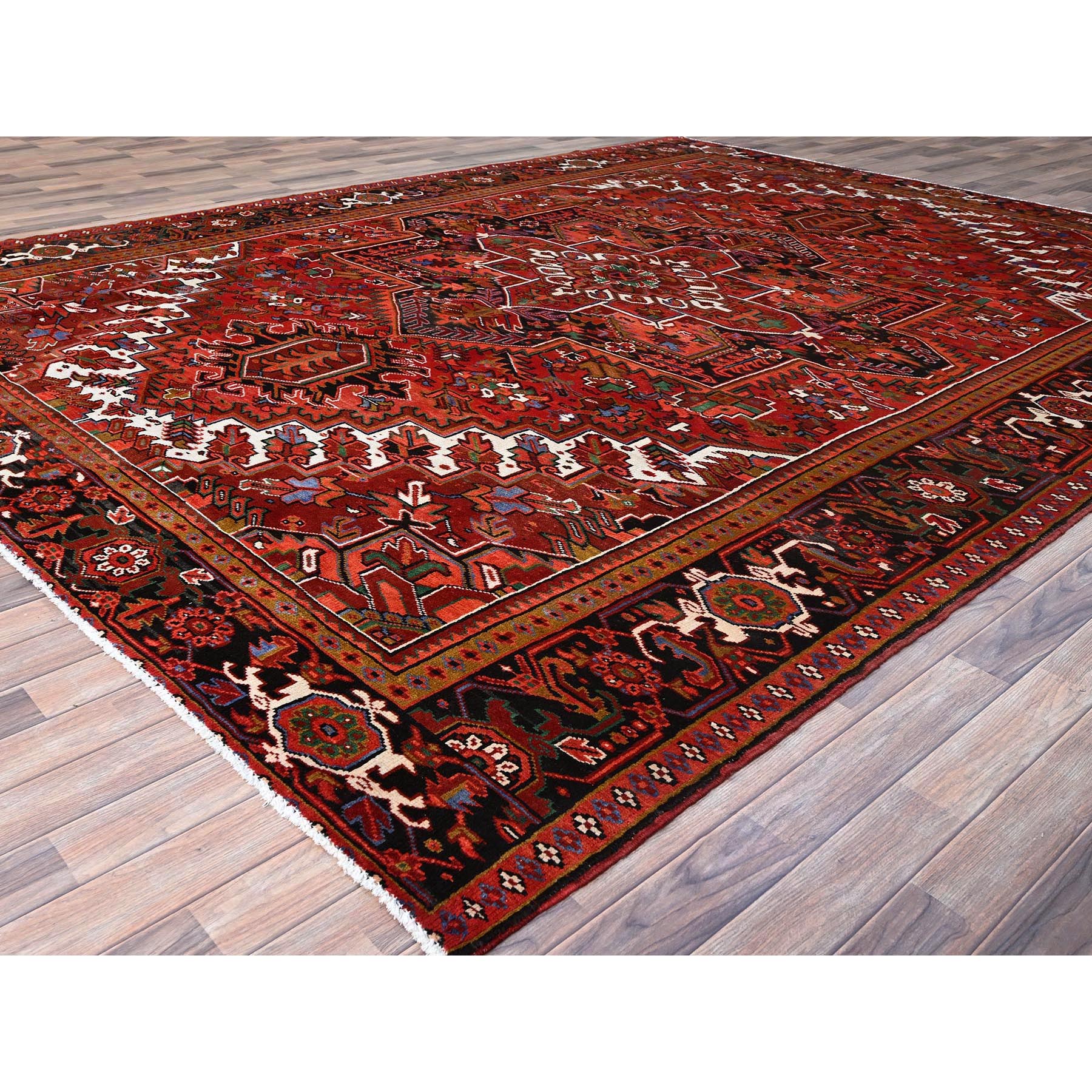 10'x12'9" Crimson Red With Asphalt Black Border, Large Colorful Centre Geometric Pattern, Secured And Cleaned, Hand Knotted, Great Condition, Pure And Soft Wool, Sheared Low, Semi Antique Persian Heriz Oriental Rug Sh117