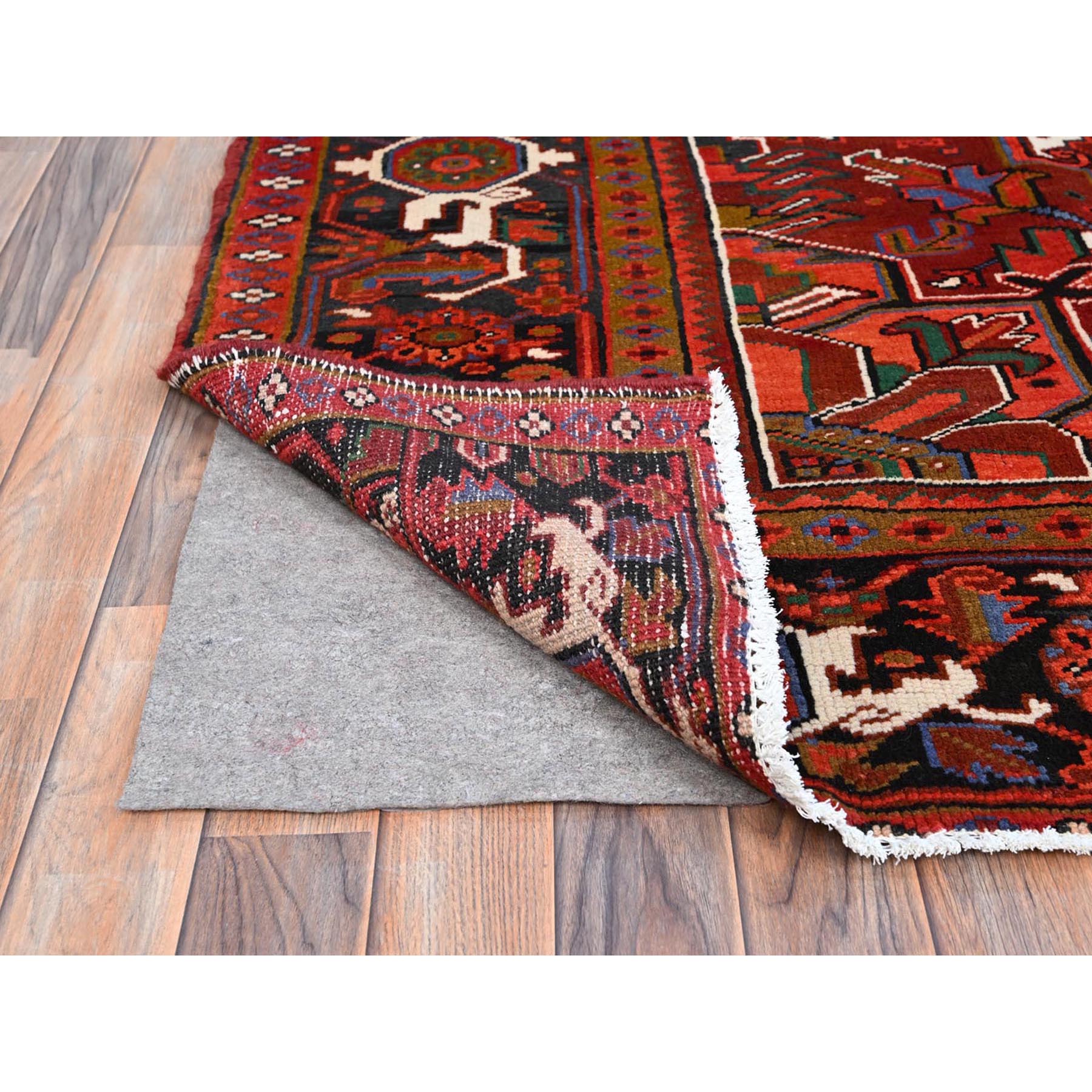 10'x12'9" Crimson Red With Asphalt Black Border, Large Colorful Centre Geometric Pattern, Secured And Cleaned, Hand Knotted, Great Condition, Pure And Soft Wool, Sheared Low, Semi Antique Persian Heriz Oriental Rug Sh117