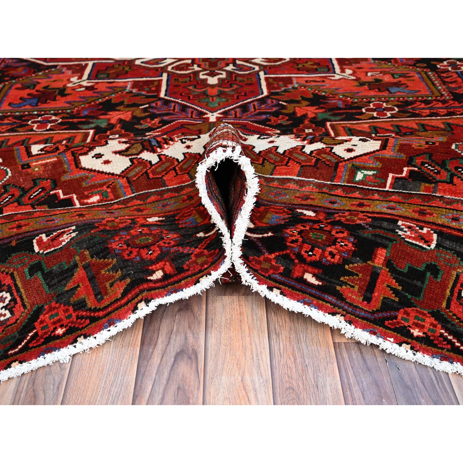 10'x12'9" Crimson Red With Asphalt Black Border, Large Colorful Centre Geometric Pattern, Secured And Cleaned, Hand Knotted, Great Condition, Pure And Soft Wool, Sheared Low, Semi Antique Persian Heriz Oriental Rug Sh117